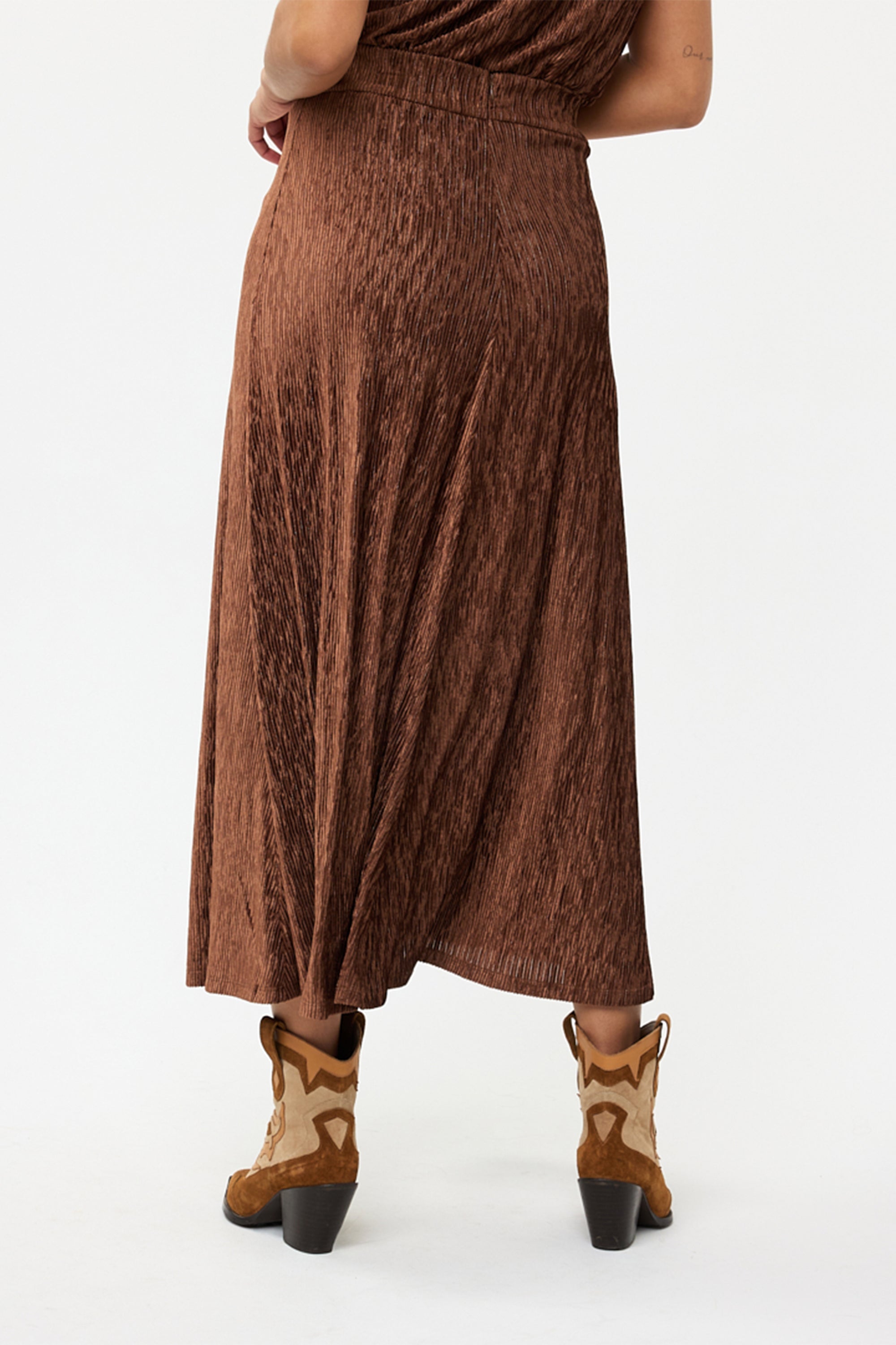 Esqualo (F2405518) Women's Crinkle Velour Midi Length A-Line Skirt in Brandy Brown