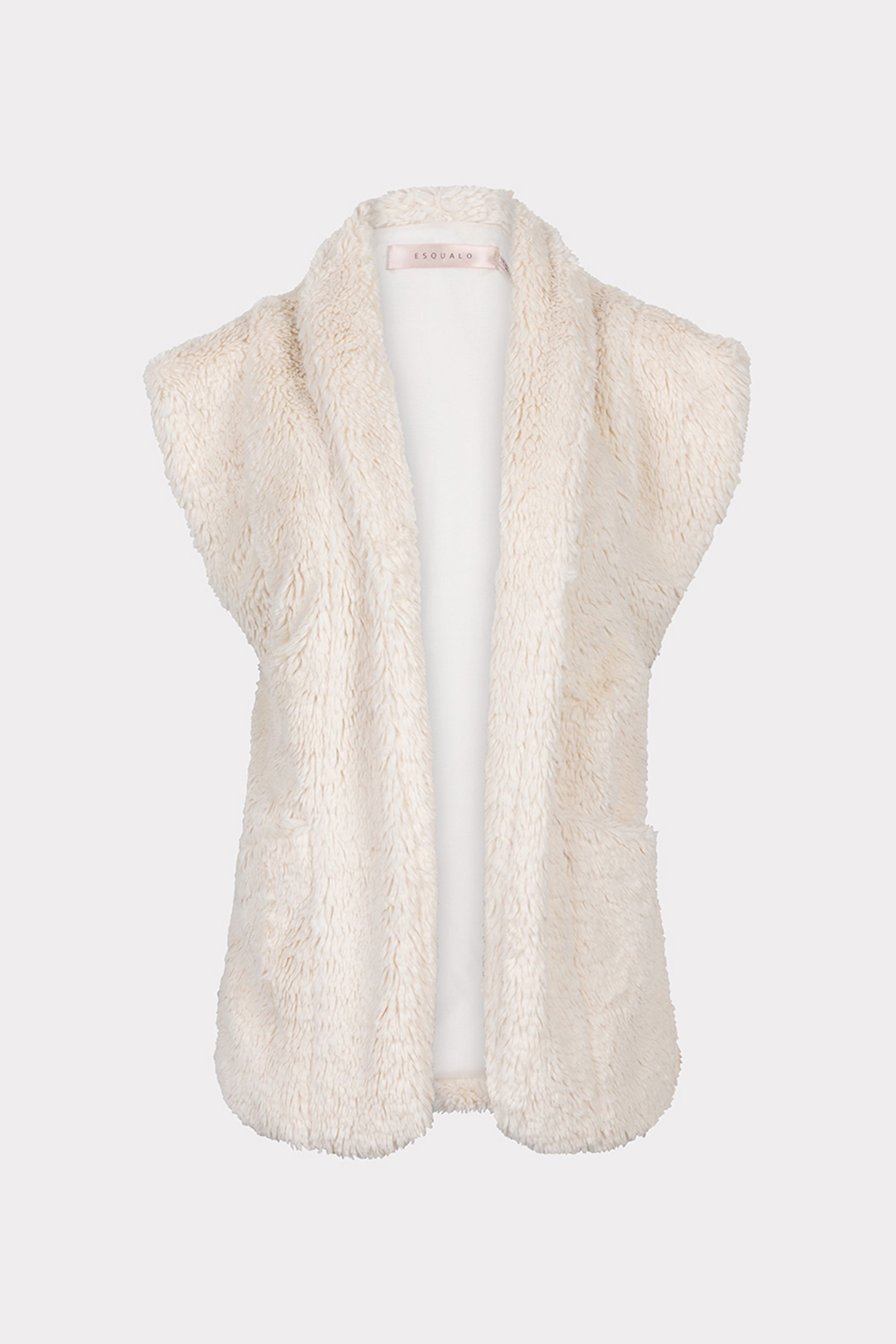 Esqualo (F2437501) Women's Sleeveless Teddy Faux Fur Vest with Shawl Collar, Open Front, and Side Pocket in Biscuit White