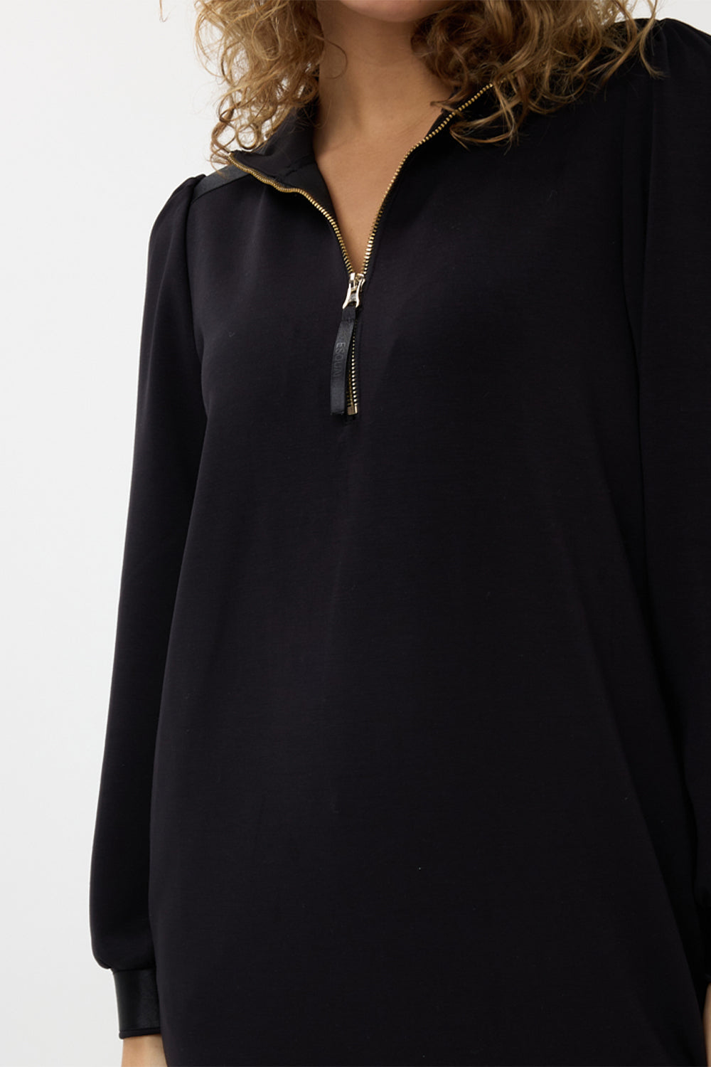 Front close up of Esqualo (F2405501) Women's Long Sleeve Modal Mini Dress With Zip up neckline in Black