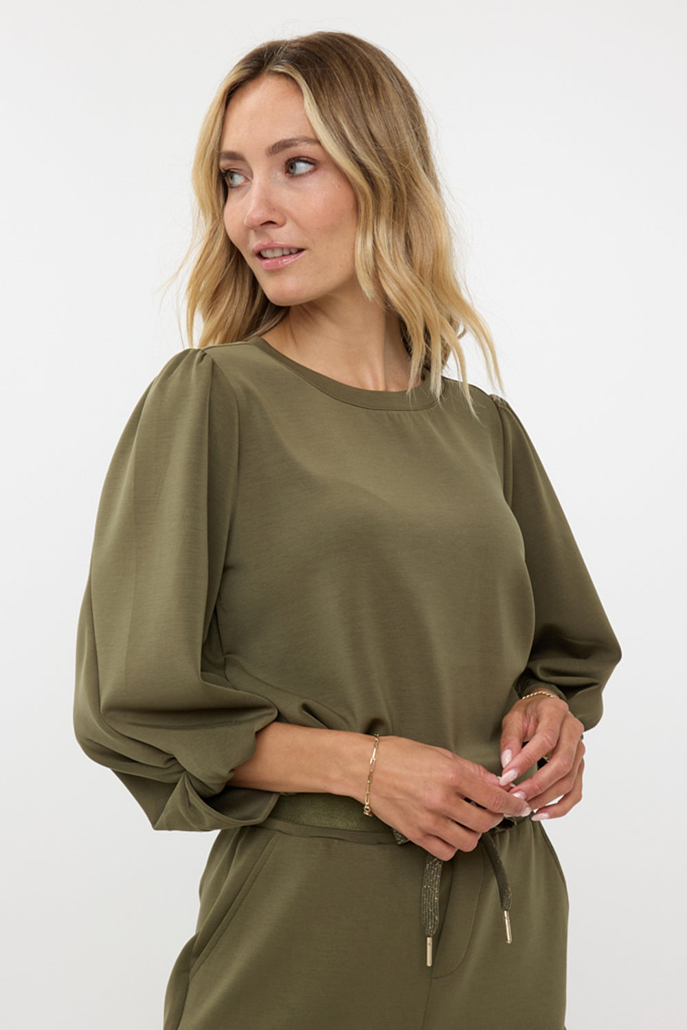 Esqualo (F2405504) Women's 3/4 Model Blend Top With Crew Neck and 3/4 Puff Sleeves With Twisted Cuff in Moss Green