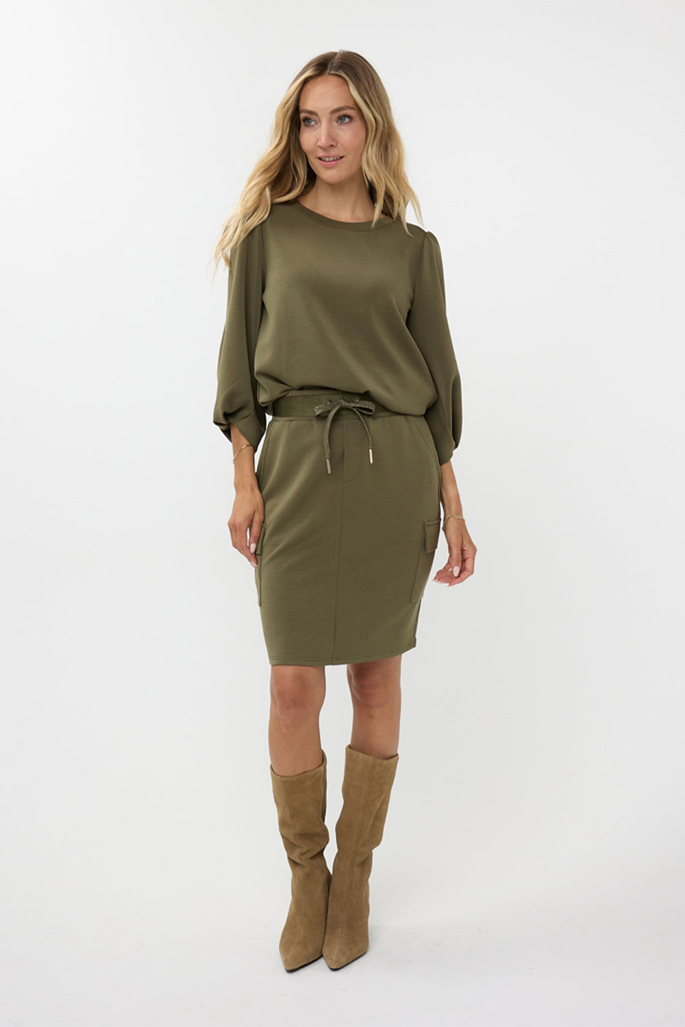 Esqualo (F2405504) Women's 3/4 Model Blend Top With Crew Neck and 3/4 Puff Sleeves With Twisted Cuff in Moss Green