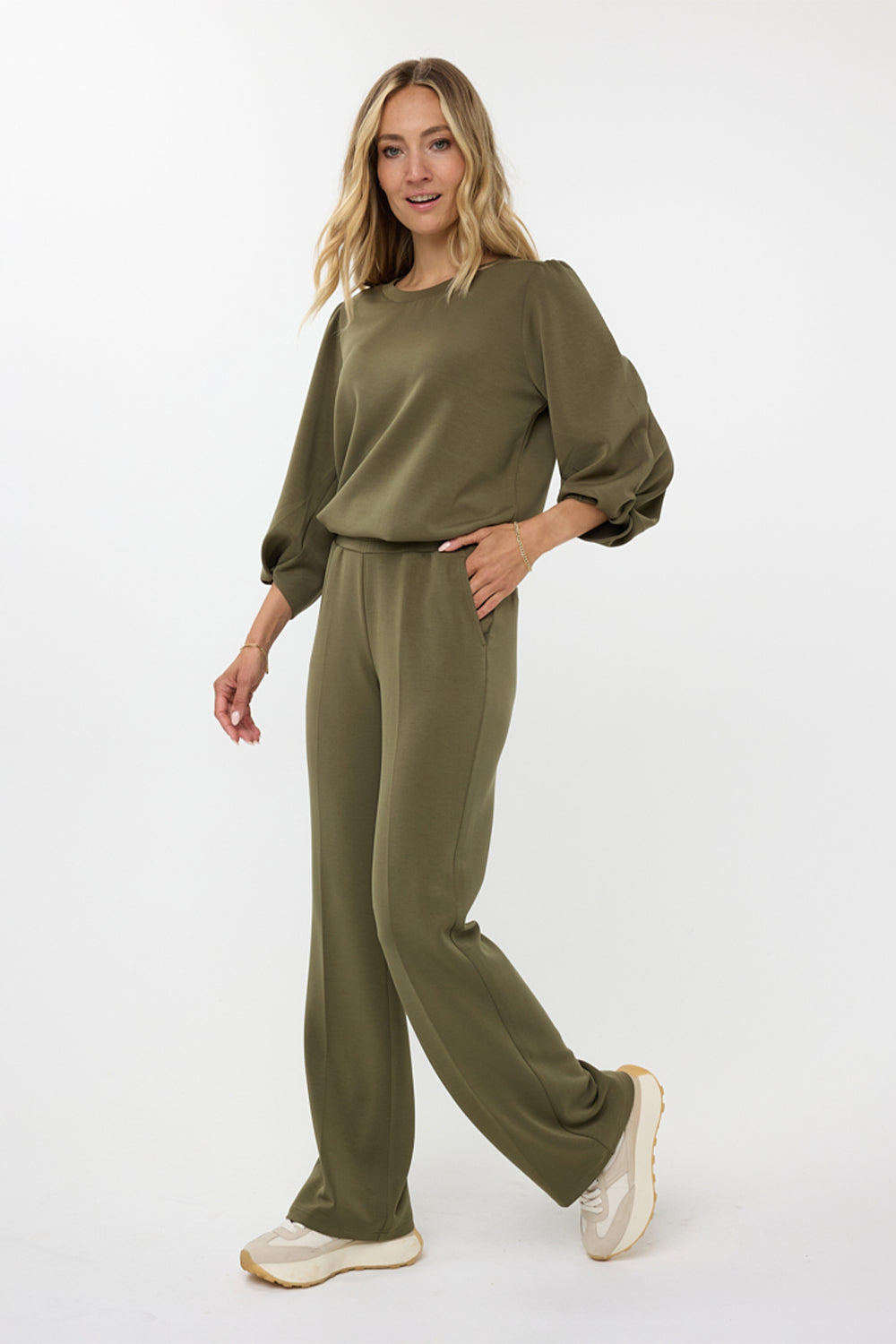 Esqualo (F2405506) Women's Flared Modal Blend Pants with Pockets in Moss Green