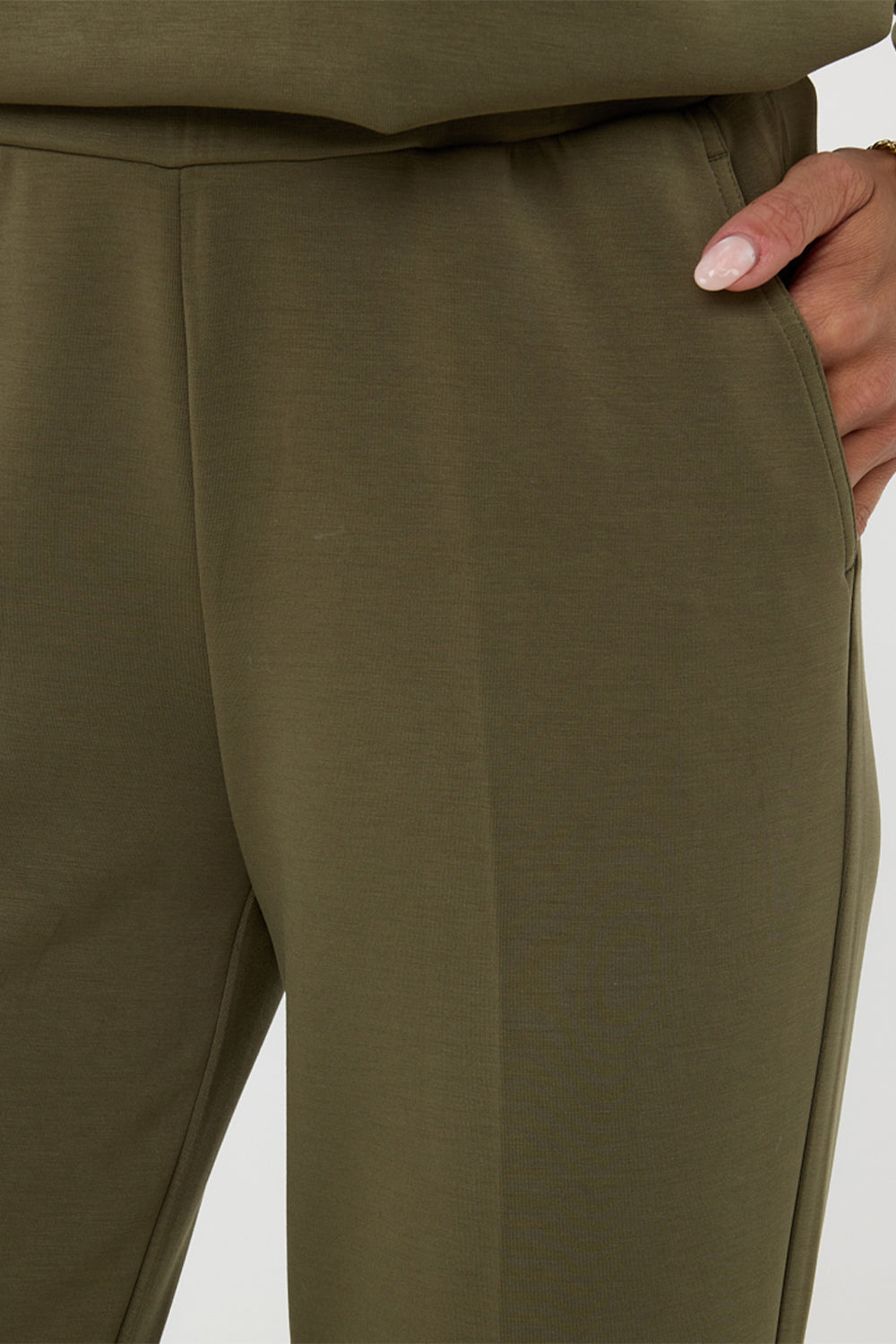 Close up of side pocket on Esqualo (F2405506) Women's Flared Modal Blend Pants with Pockets in Moss Green