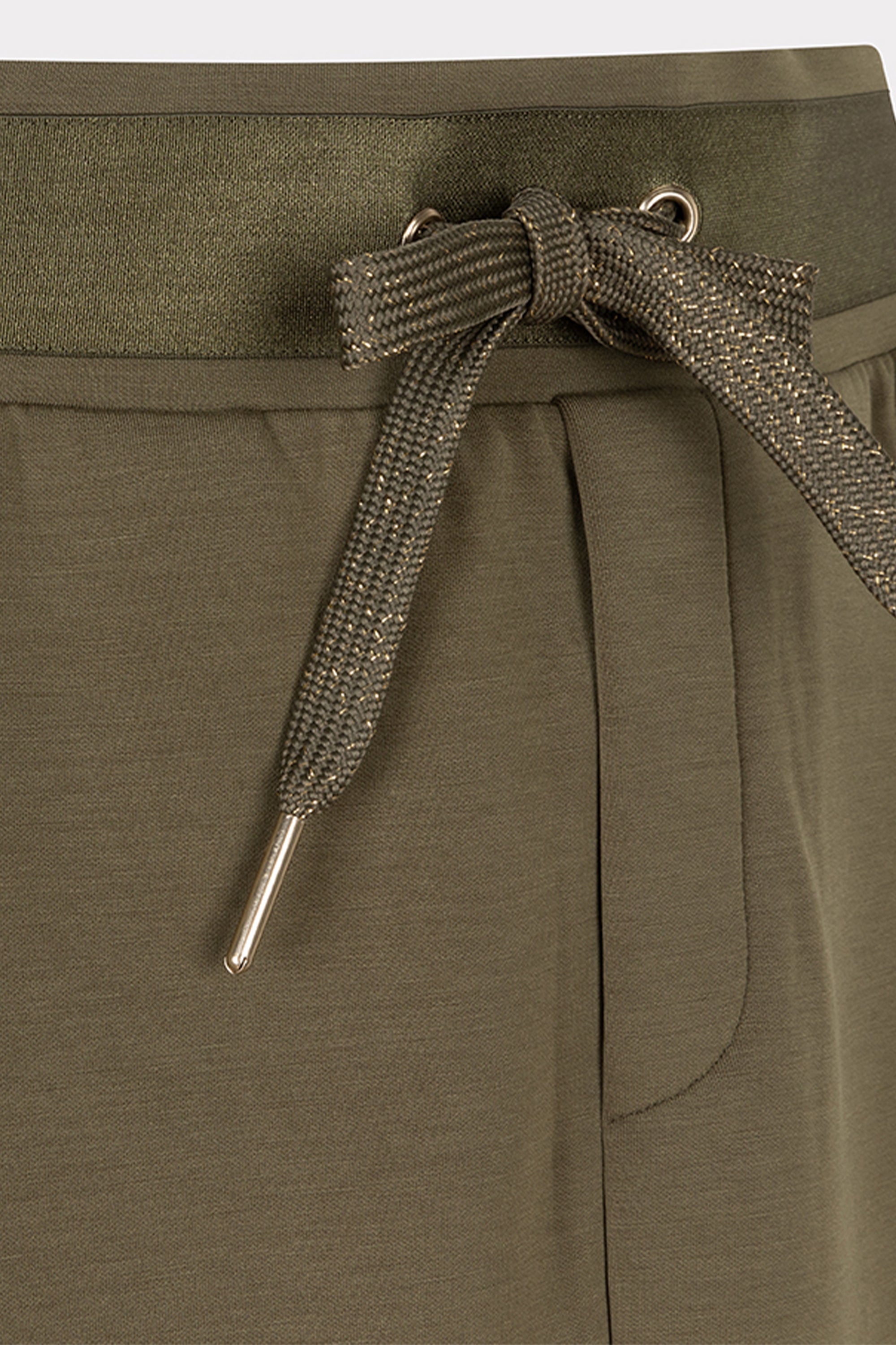 Close up of waistband on Esqualo (F2405508) Women's Modal Cargo Skirt With Pockets and Satin Embellished Waistband with Drawstring in Moss Green