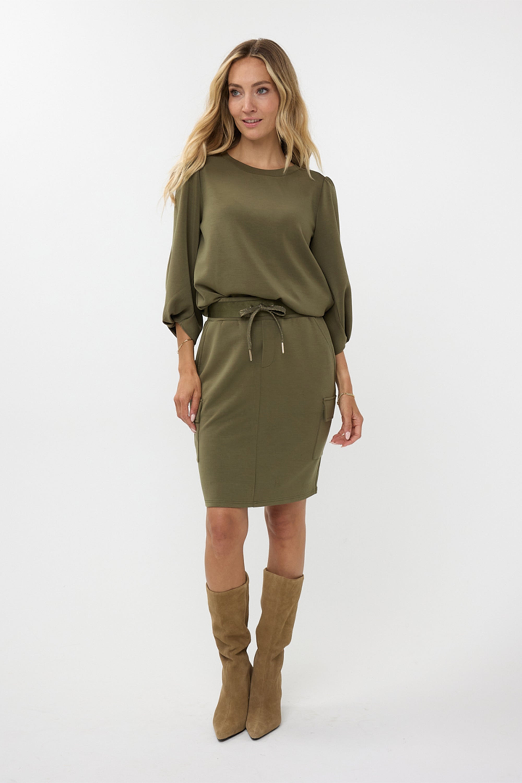 Esqualo (F2405508) Women's Modal Cargo Skirt With Pockets and Satin Embellished Waistband with Drawstring in Moss Green