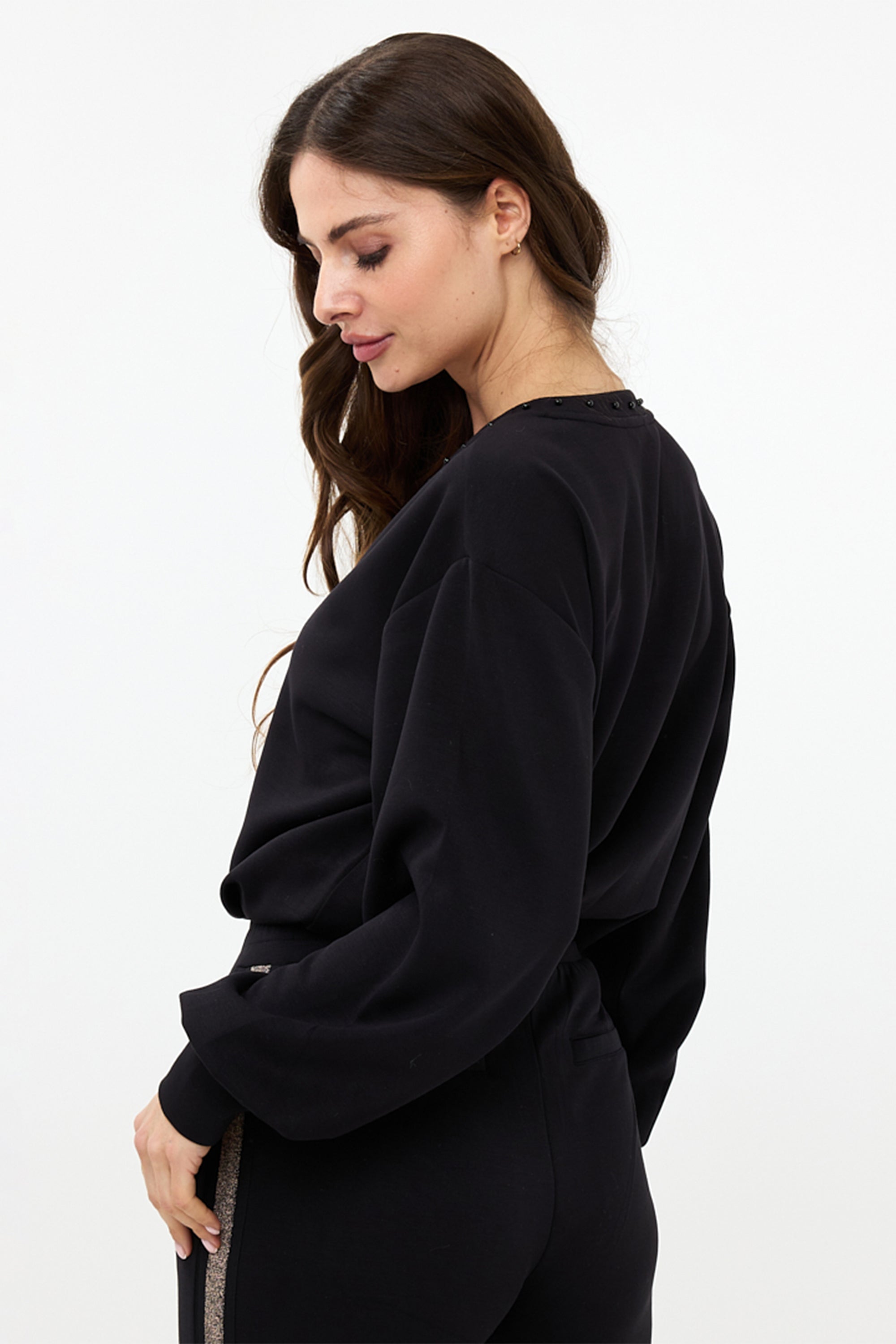 Side view of Esqualo (F2405512) Women's Long Bishop Sleeve Moodal Top With Studded Notch V-Neck in Black