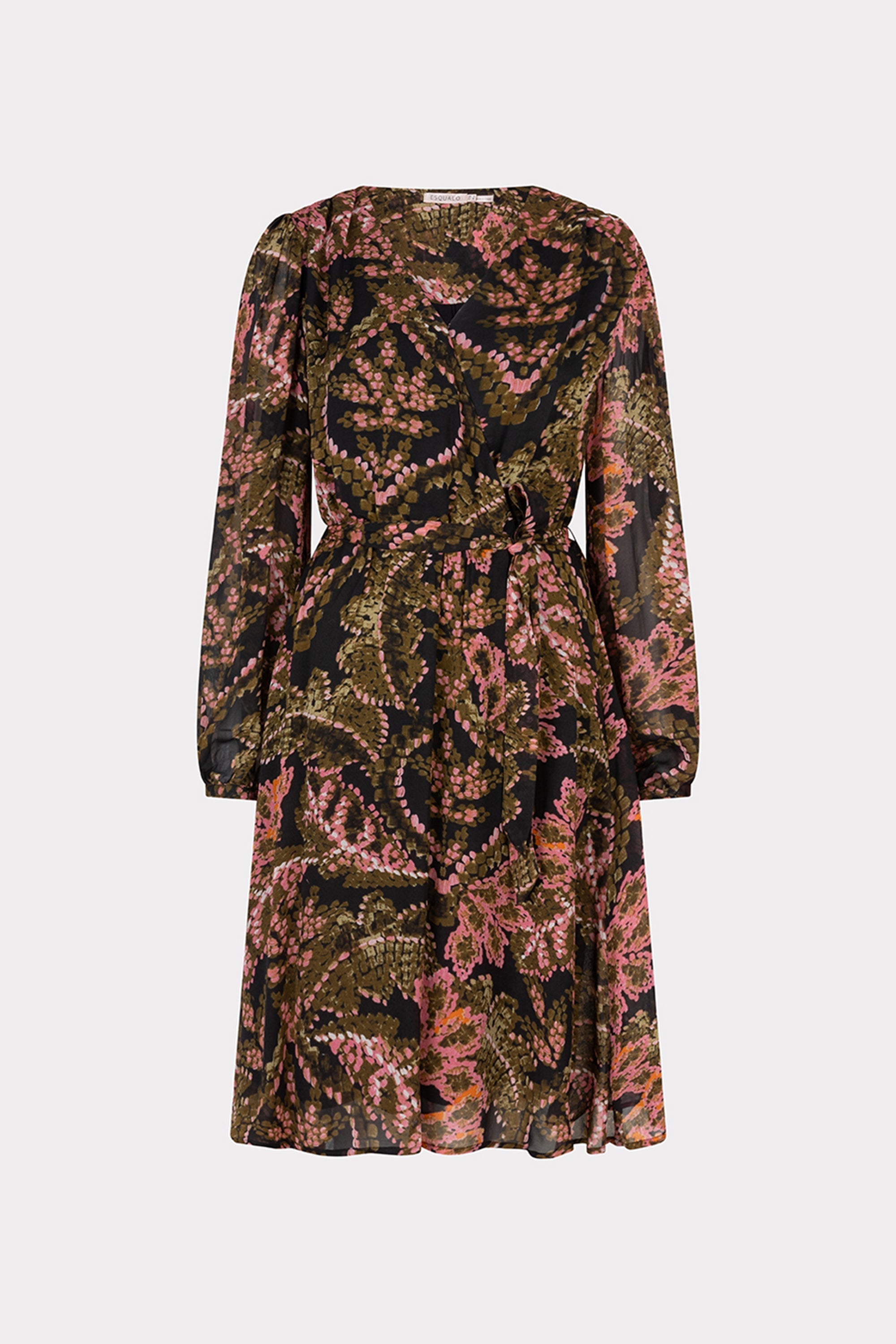 Esqualo (F2414504) Women's Long Sleeve, Knee Length Faux Wrap Dress with Elastic Tie Waist in a Pink and Green Stitched Floral Print over a Dark Background