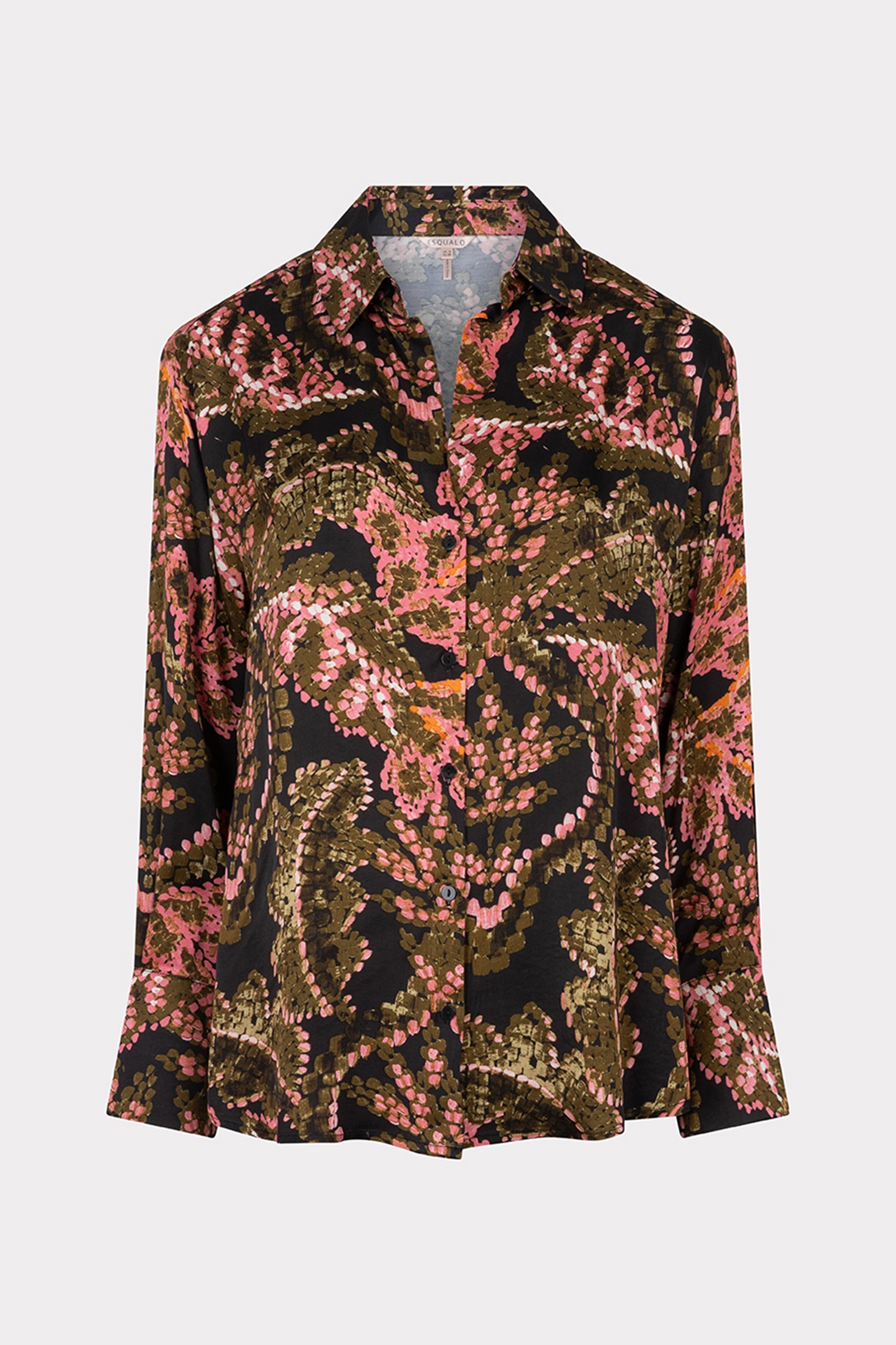 Esqualo (F2414506) Women's Long Sleeve Button Up Blouse With Shirt Collar In Green and Pink Floral Print Over Black