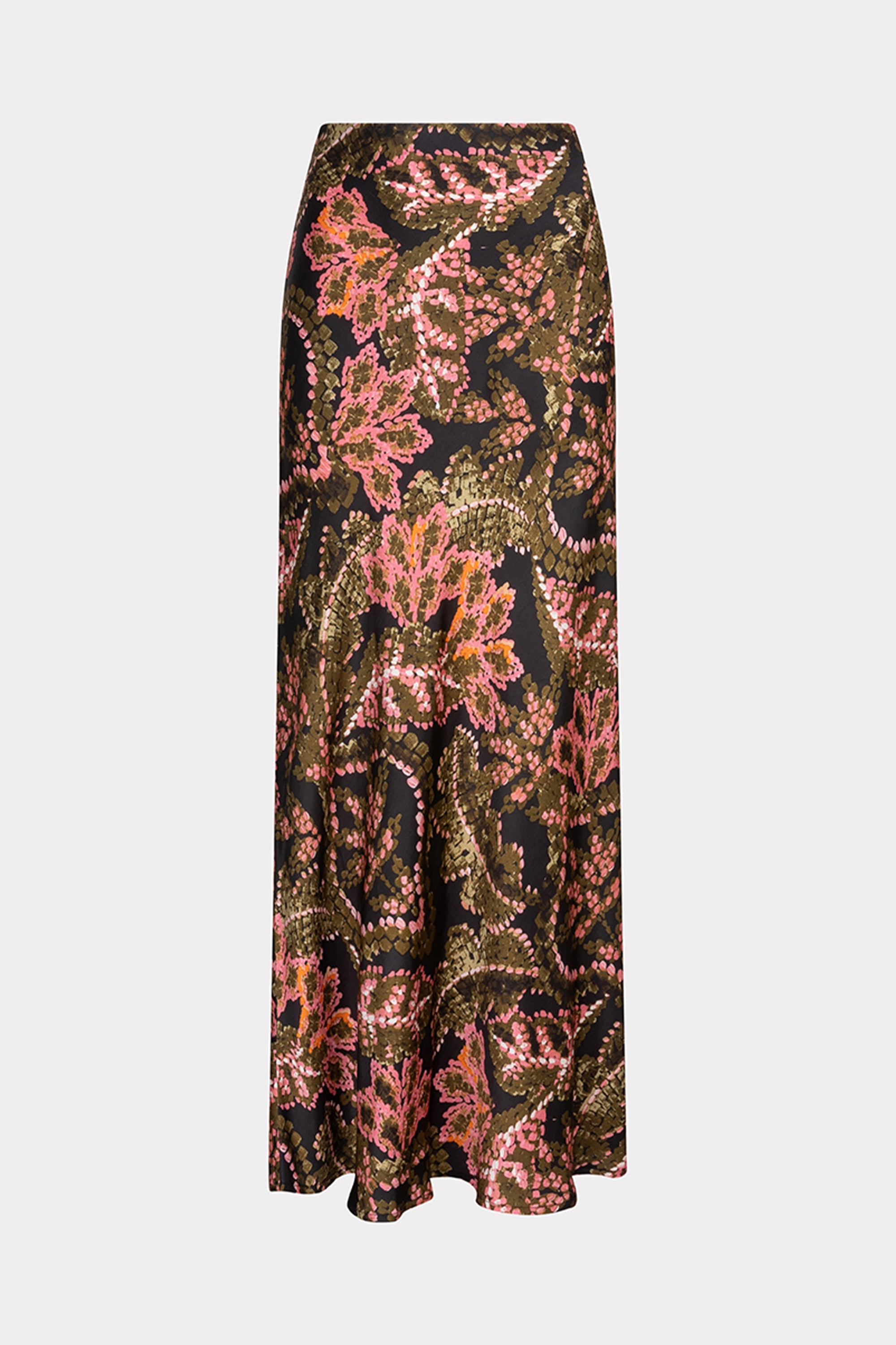 Esqualo (F2414507) Women's Maxi Length Skirt in an Ornate Pink and Green Stitched Floral Print over a Dark background