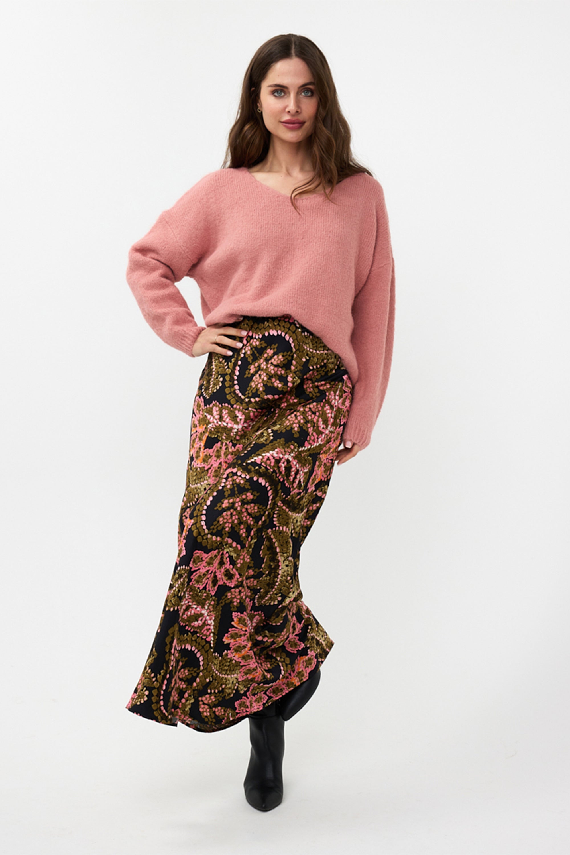 Esqualo (F2414507) Women's Maxi Length Skirt in an Ornate PInk and Green Stitched Floral Print over a Dark background