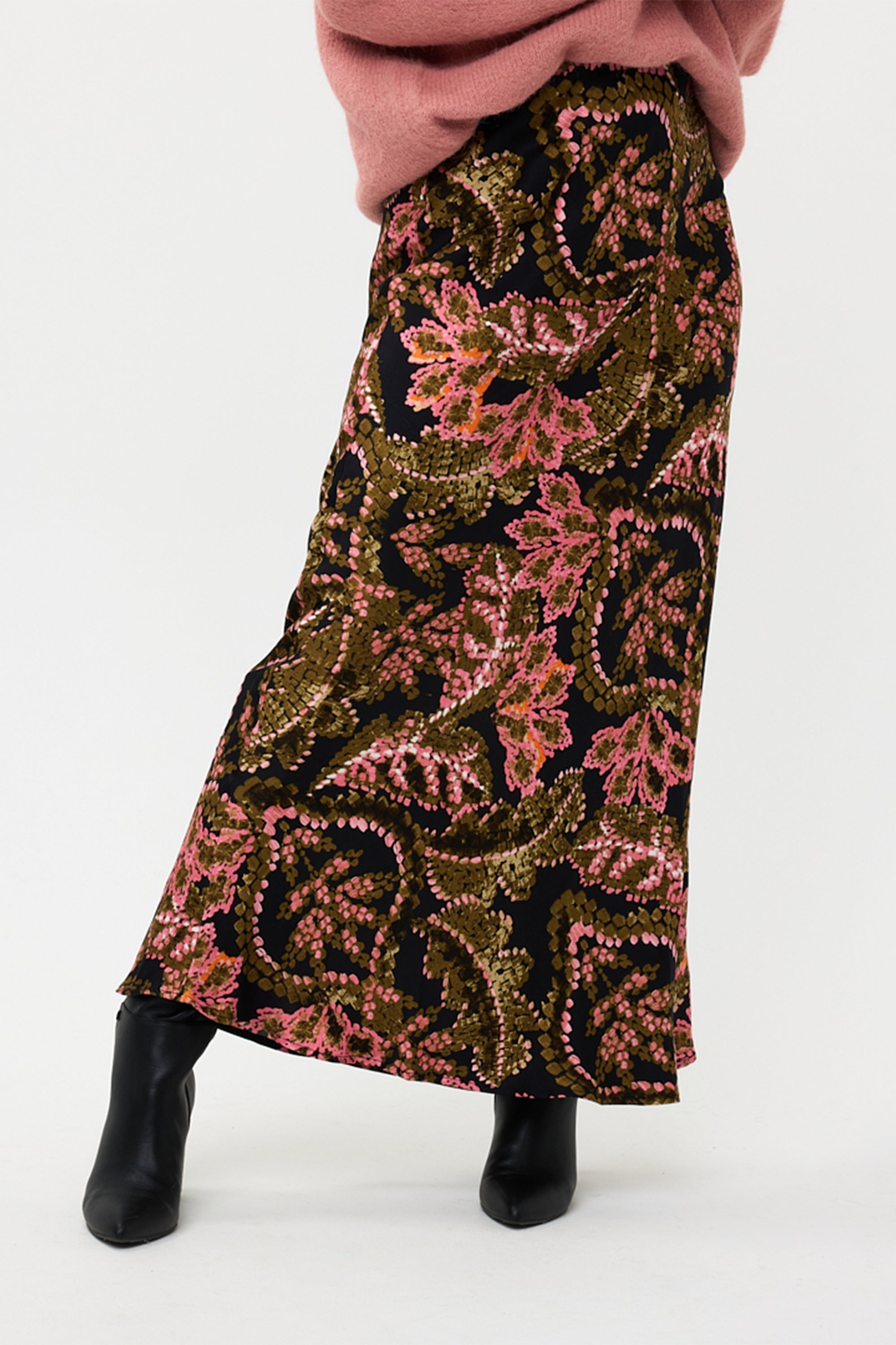 Esqualo (F2414507) Women's Maxi Length Skirt in an Ornate PInk and Green Stitched Floral Print over a Dark background