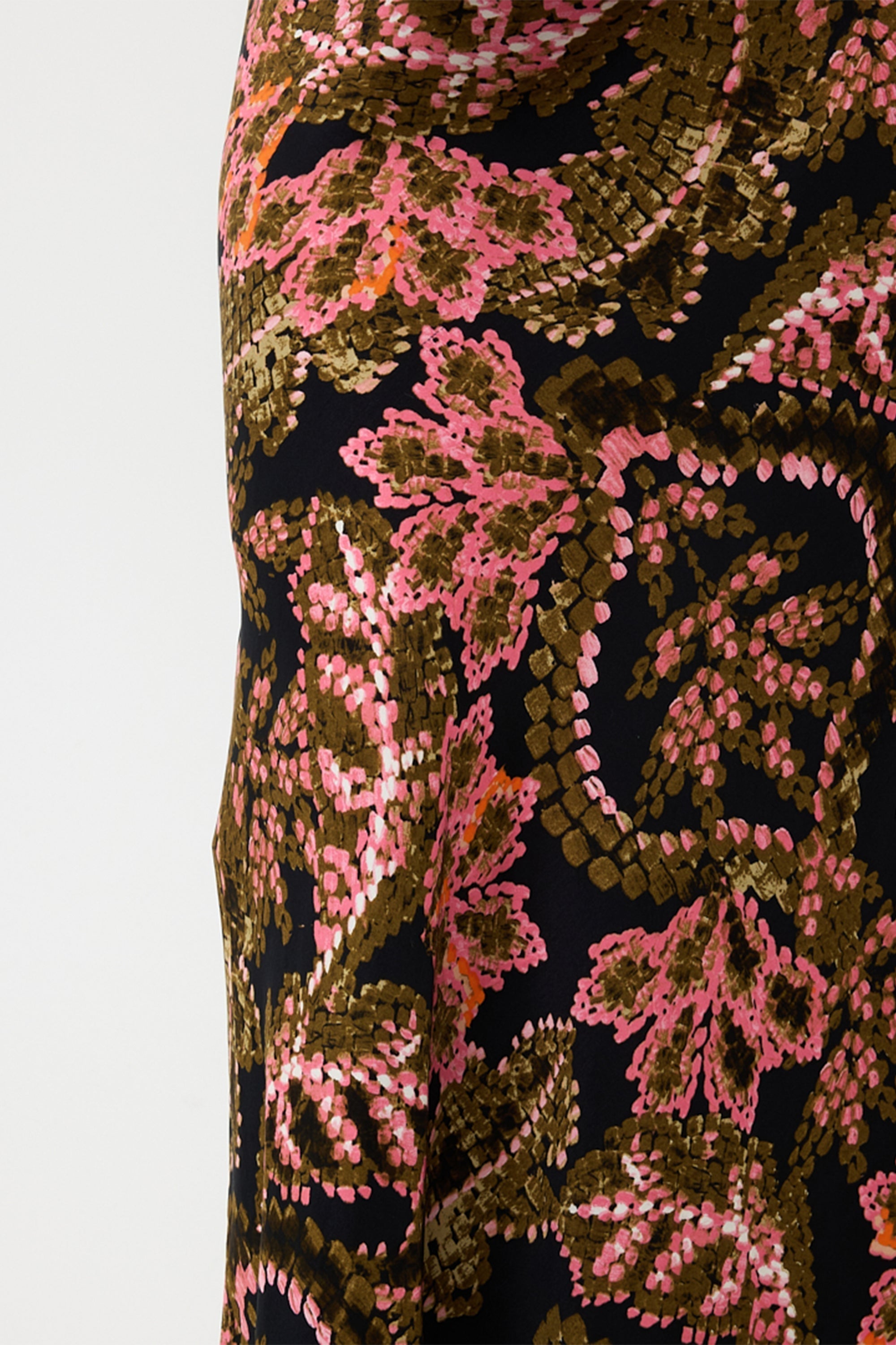 Esqualo (F2414507) Women's Maxi Length Skirt in an Ornate PInk and Green Stitched Floral Print over a Dark background