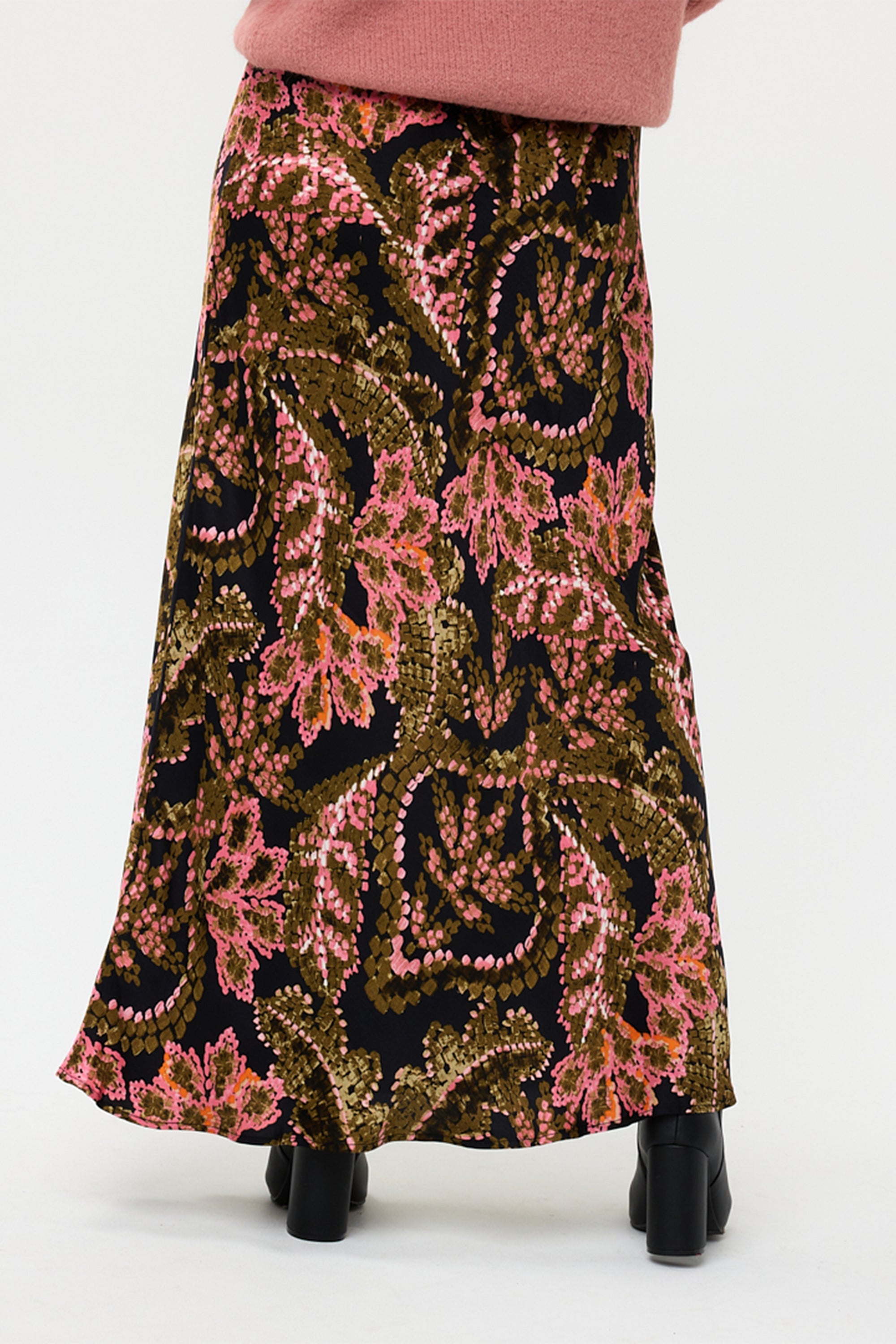 Esqualo (F2414507) Women's Maxi Length Skirt in an Ornate PInk and Green Stitched Floral Print over a Dark background