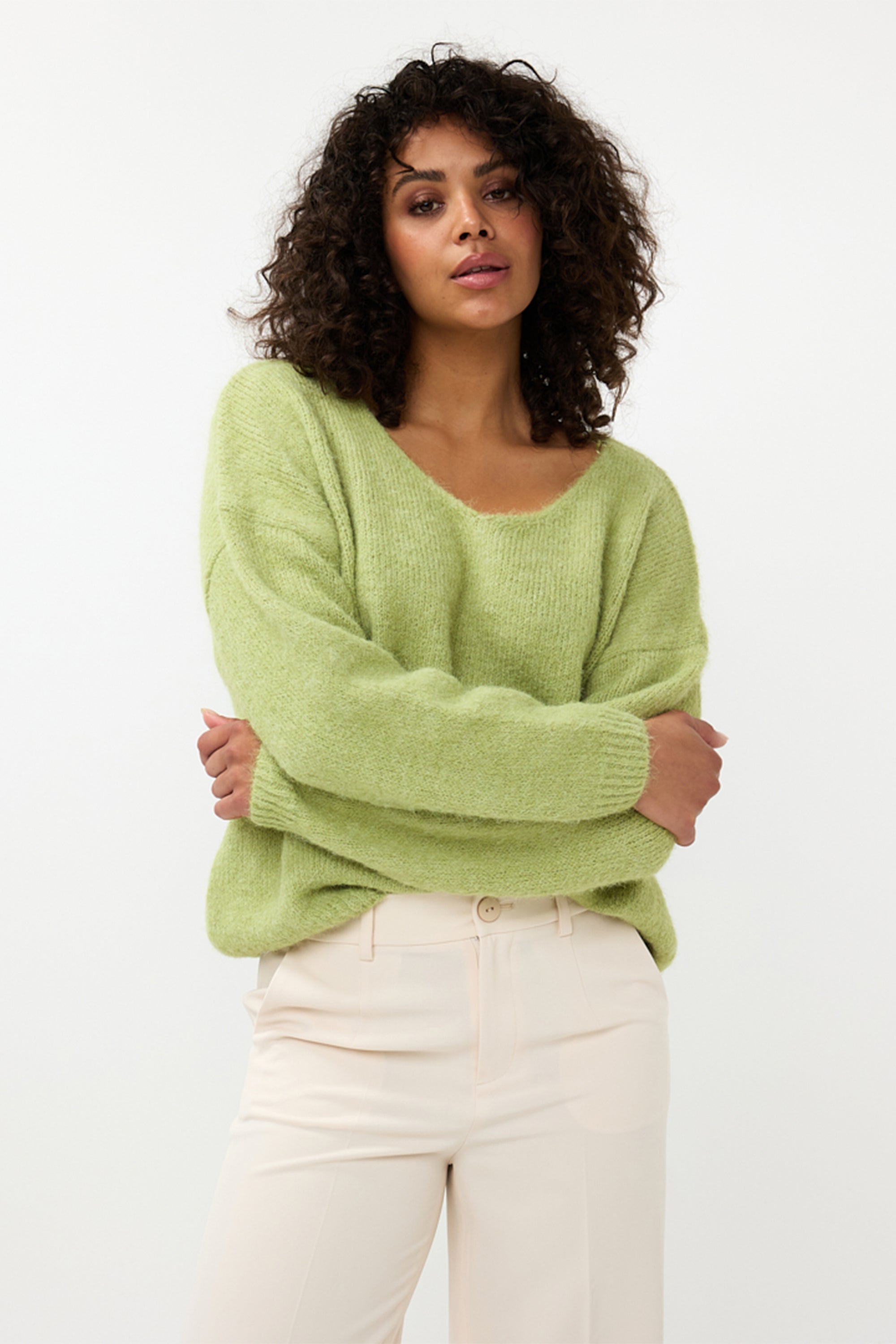 Esqualo (F2418500) Women's Relaxed Fit V-Neck Sweater With Long Sleeves and Drop Shoulders in Matcha Green