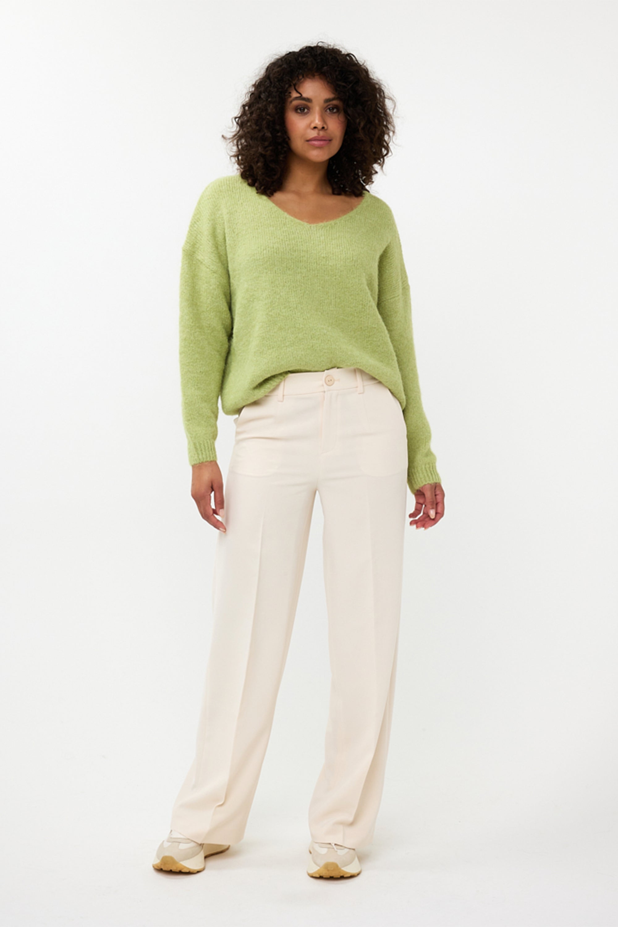 Esqualo (F2418500) Women's Relaxed Fit V-Neck Sweater With Long Sleeves and Drop Shoulders in Matcha Green