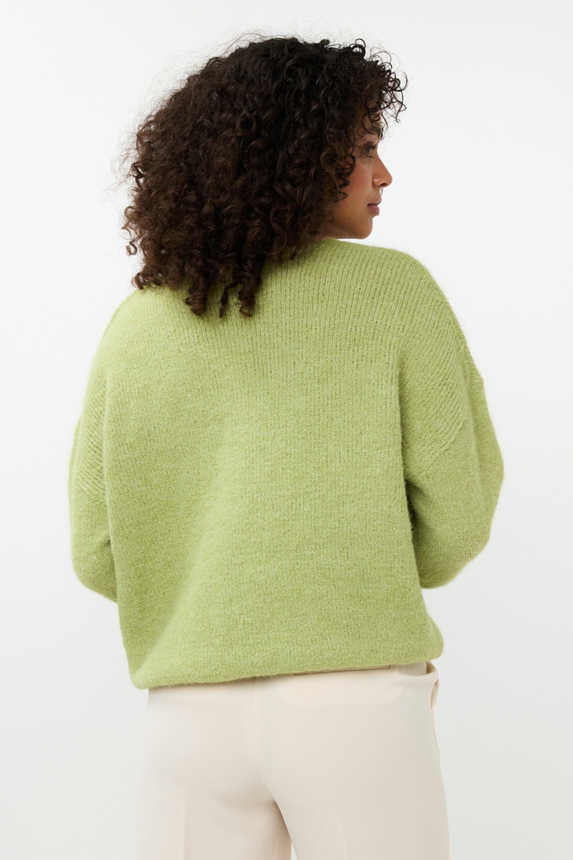 Back view of Esqualo (F2418500) Women's Relaxed Fit V-Neck Sweater With Long Sleeves and Drop Shoulders in Matcha Green