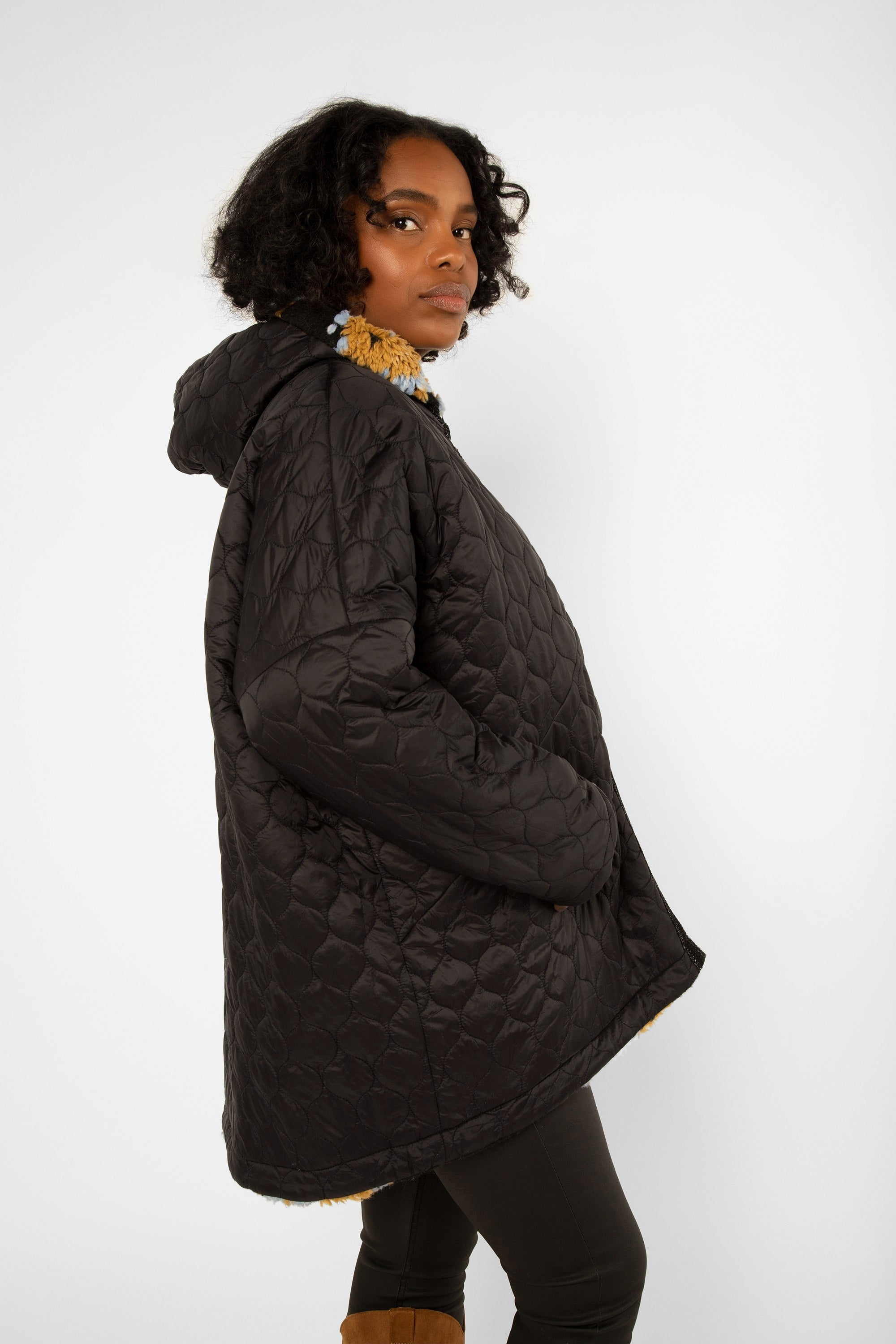 Side view of Fashion Concept (FC243244) Women's Oversized Reversible Hooded Jacket, Knit and Quilted Sides