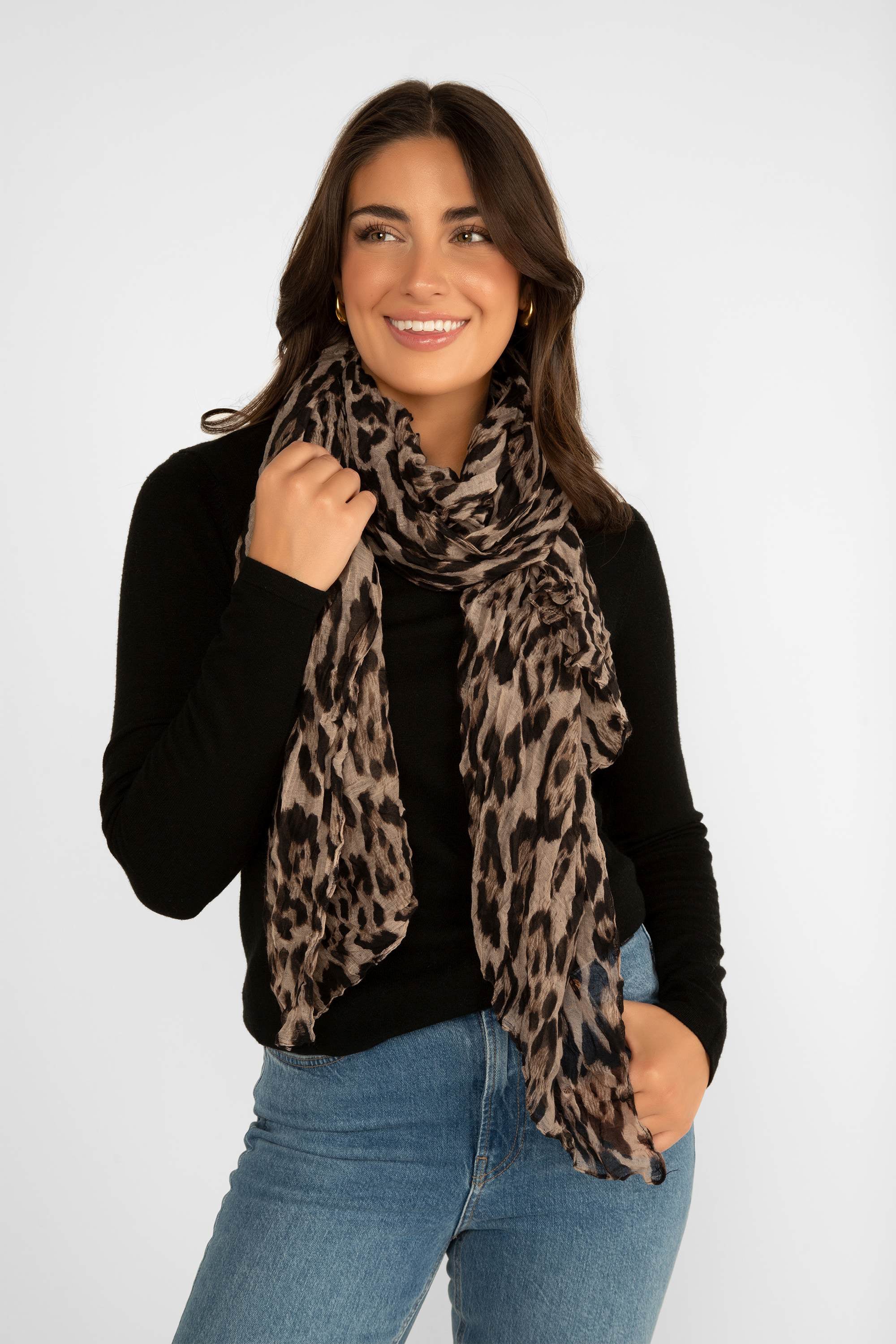 Catherine Lillywhite's (GC2826) Women's Leopard Print Crinkle Fabric Scarf in Brown