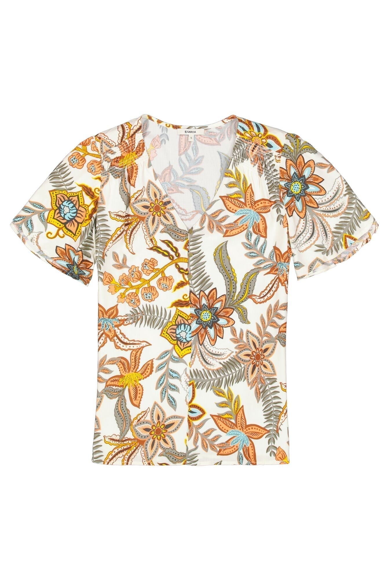 Short Sleeve V-Neck Retro Print Textured Top