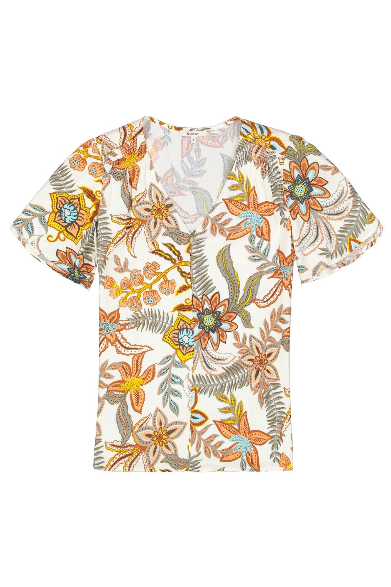 Garcia (Q40032) Women's Short Flounce Sleeve V-Neck Textured Top in Retro Orange Floral Print