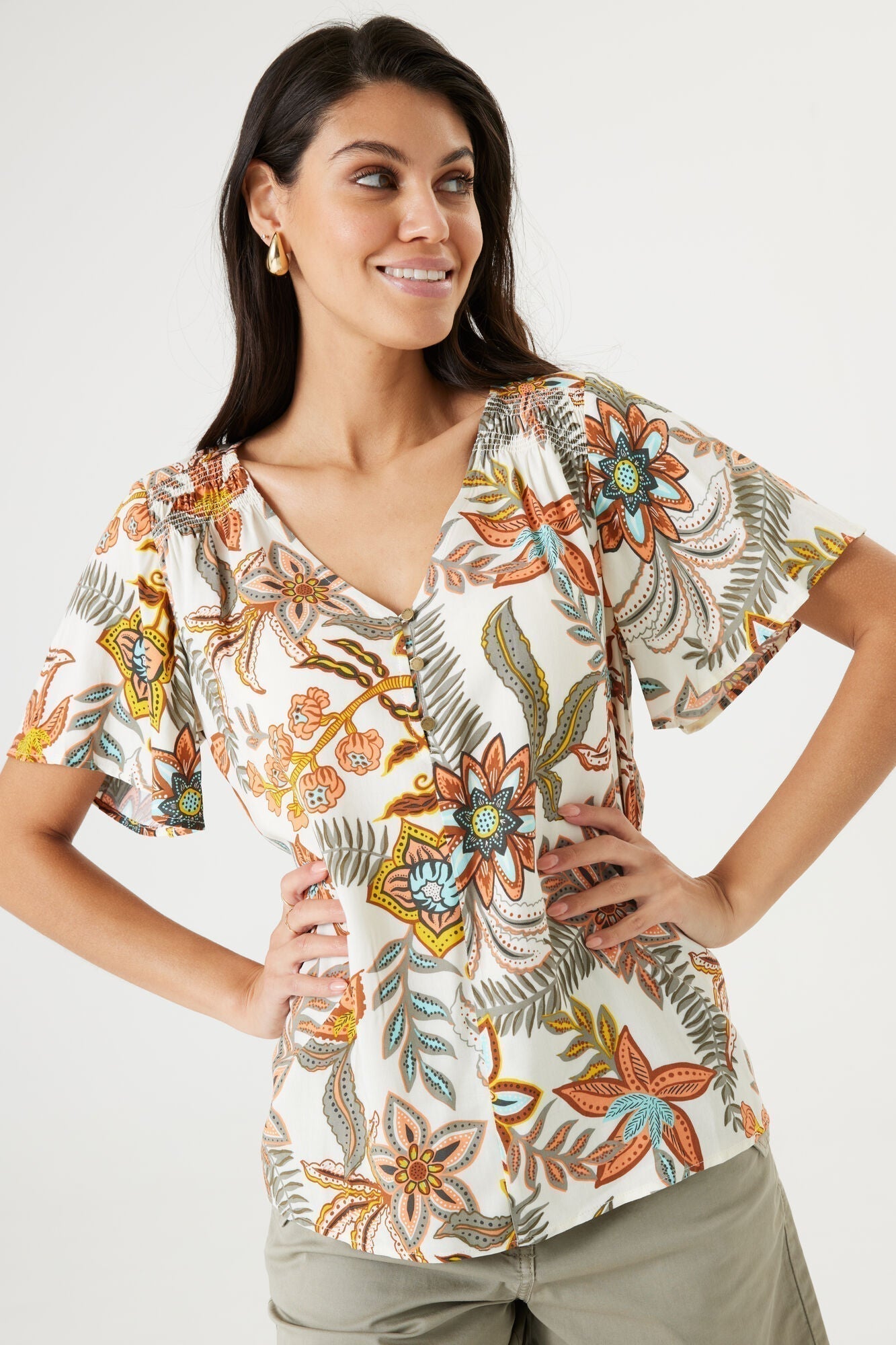 Short Sleeve V-Neck Retro Print Textured Top