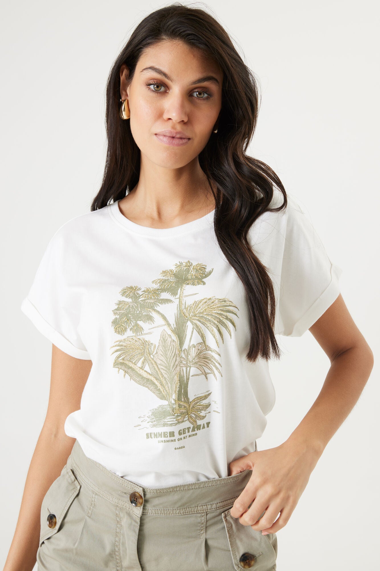 Garcia (Q40015) Women's Short Sleeve Palm Tree Graphic Tee With Golden Embroidery Accents in White