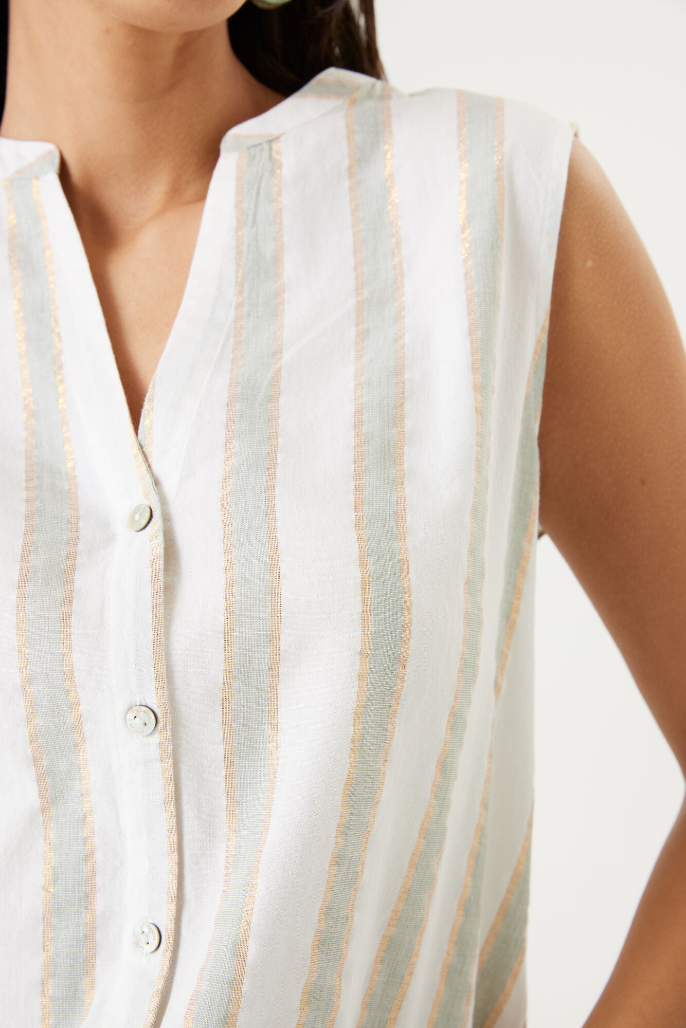 Sleeveless Button Up Stripe Blouse With Lurex