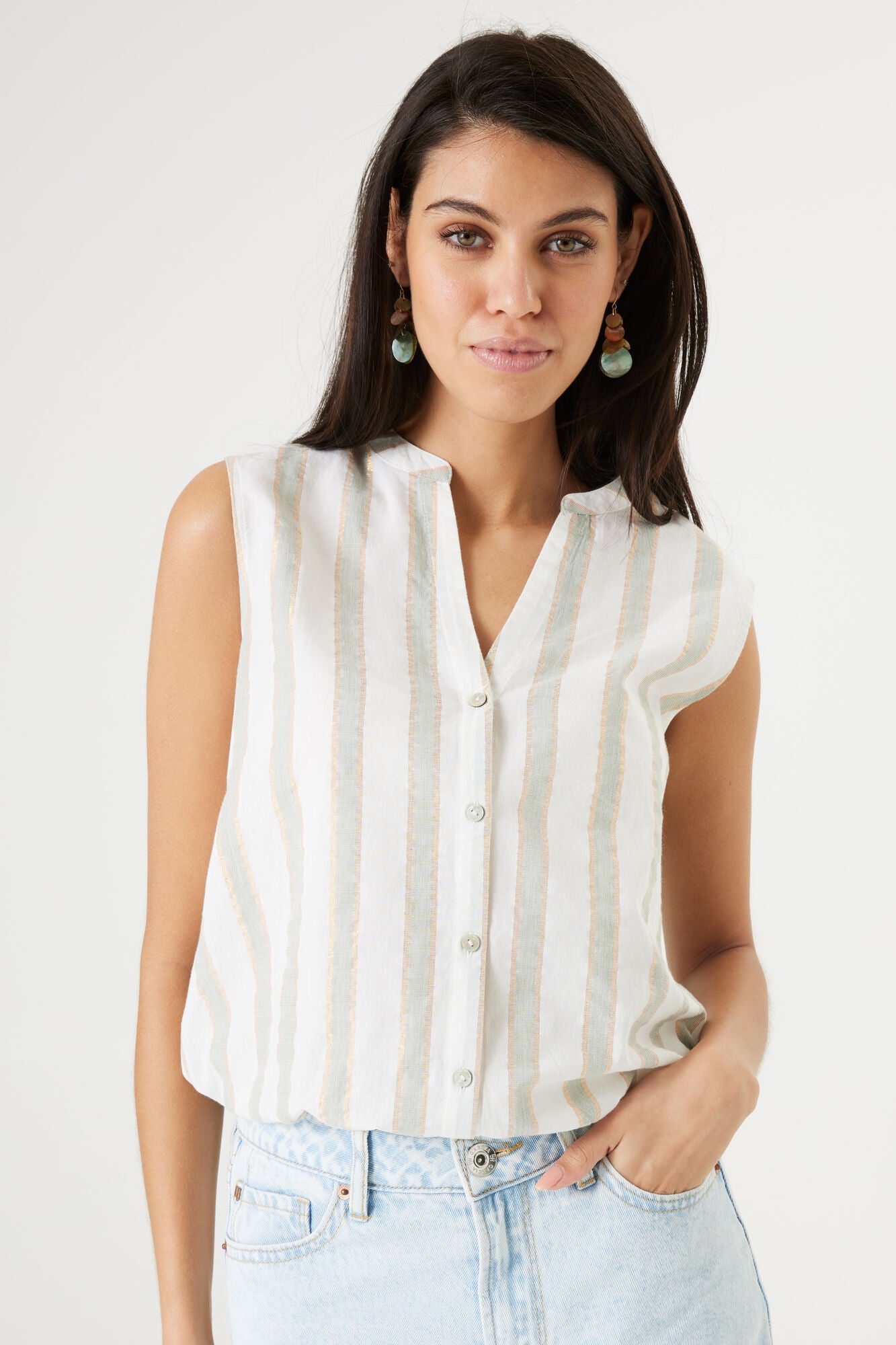 Garcia (Q40033) Women's Sleeveless Button Up Blouse with Tie Waist and Split V-neck in Cream, Pastel Green and Golden Lurex Stripes