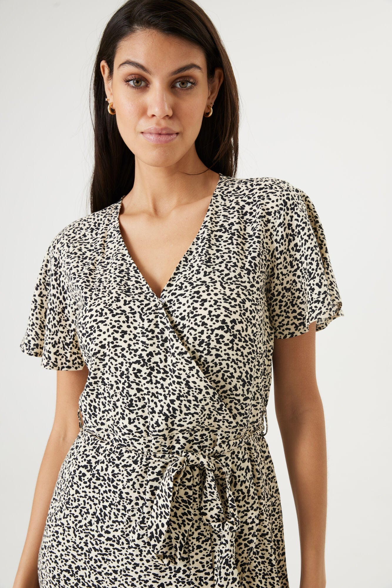 Garcia (Q40086) Women's Short Flounce Sleeve Midi Length Wrap Dress in Leopard Print