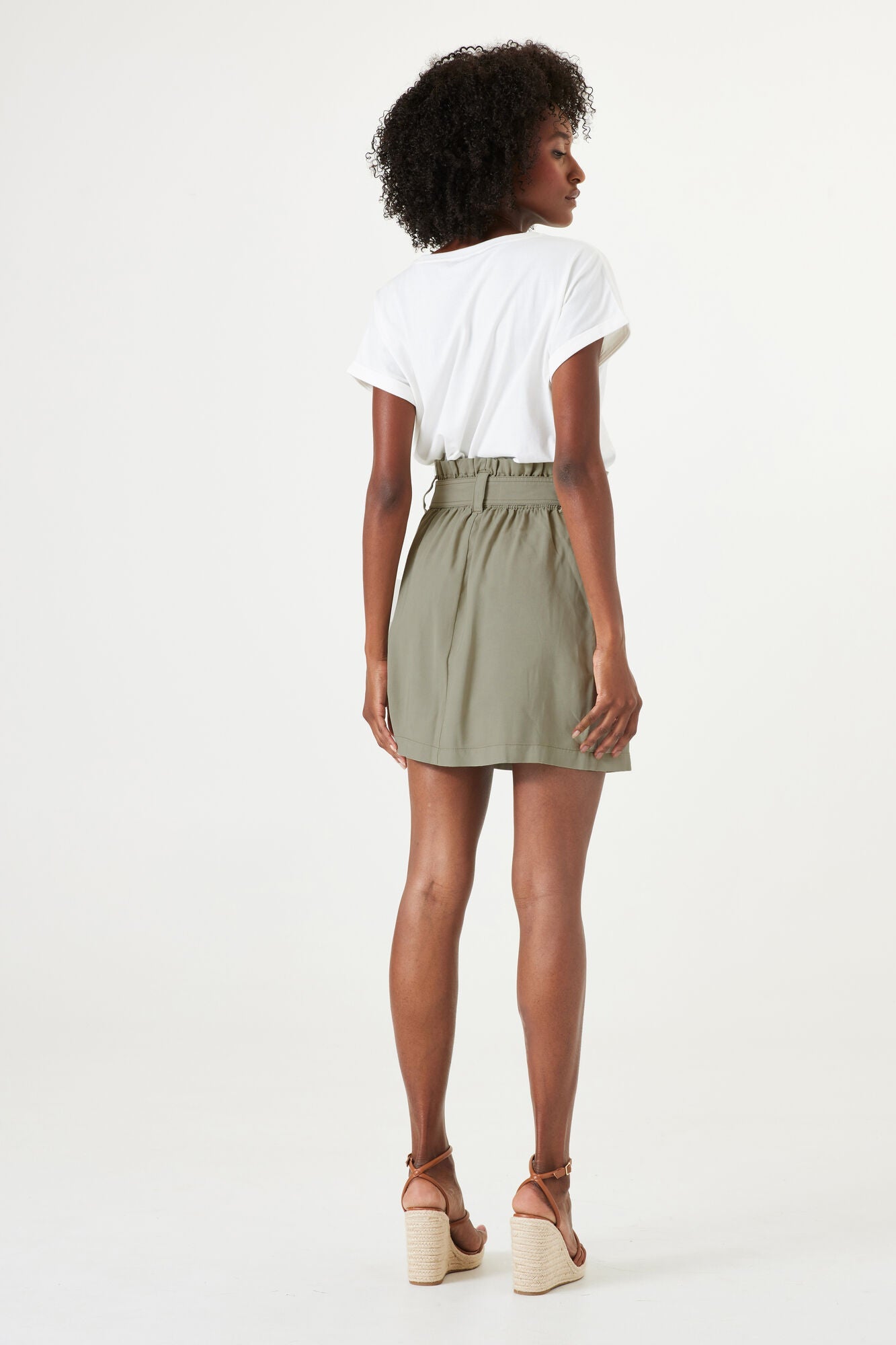 Back view of Garcia (Q40122) Women's High Rise Paper Bag Waist Mini Skirt with Two Front Cargo Pockets in Seagrass Khaki Green
