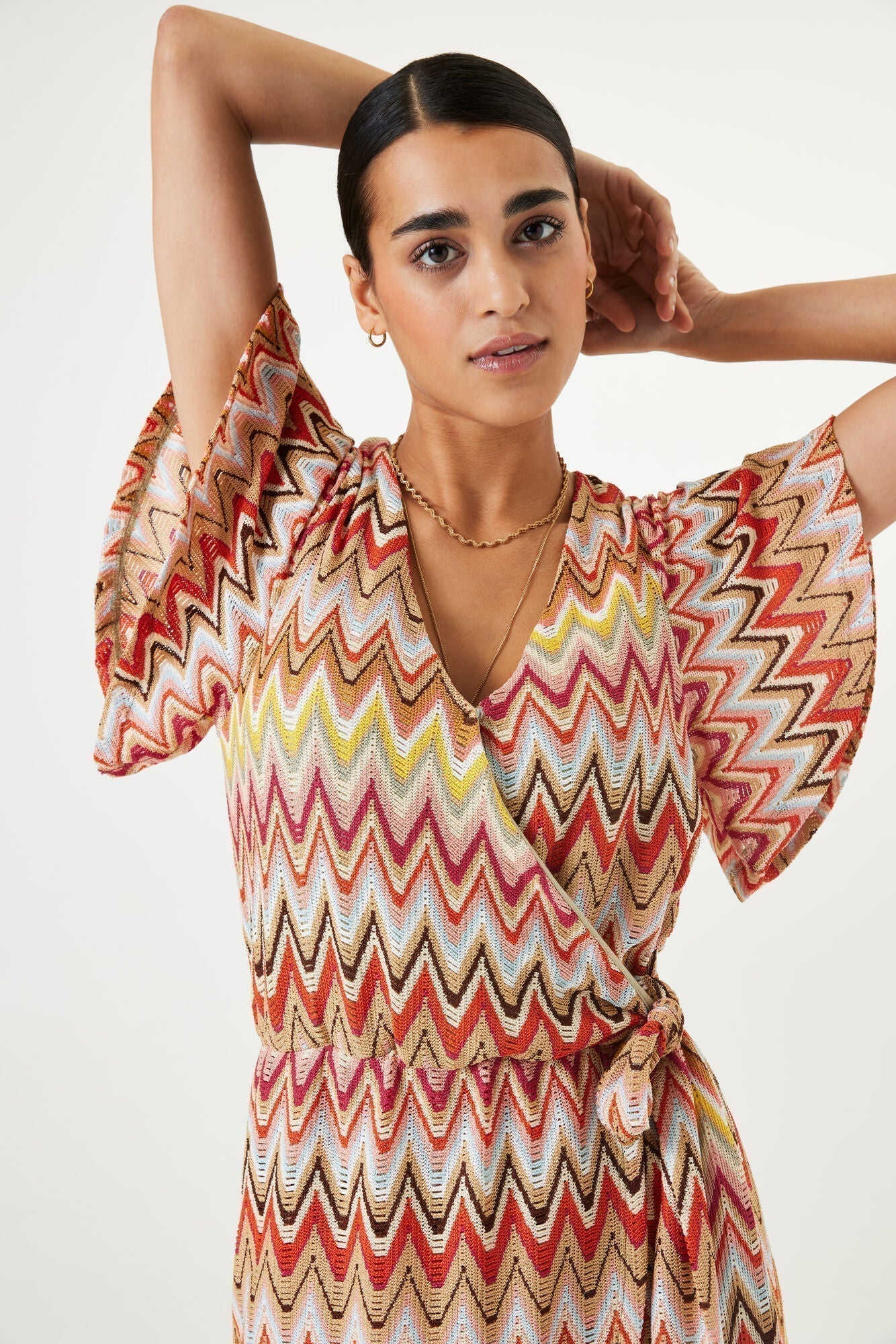 Garcia (R40285) Short Flounce Sleeve Mini Wrap Dress in Multi-colour Zigzag Print