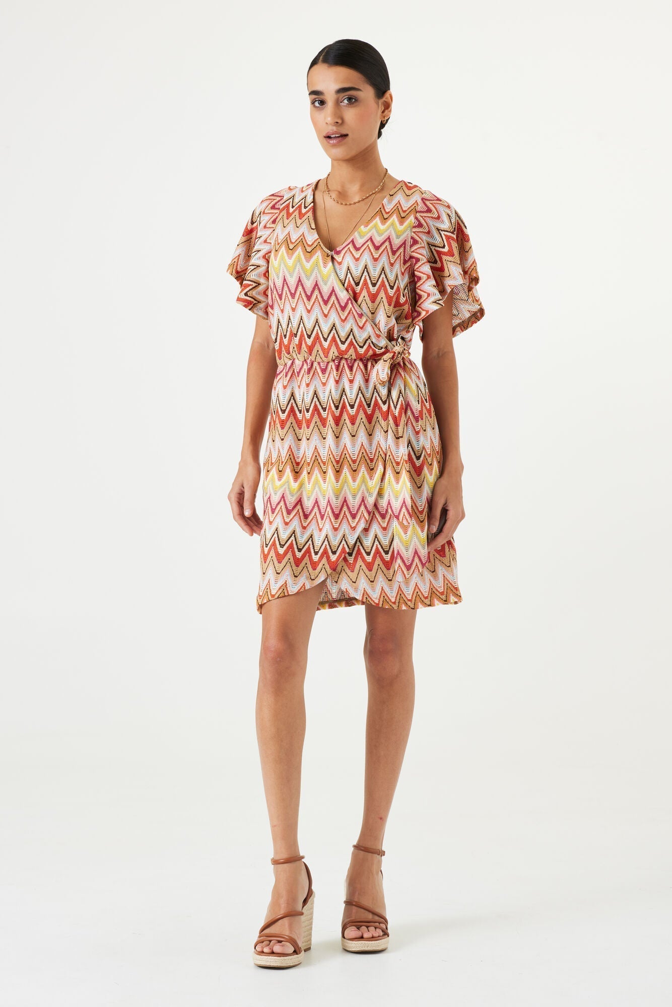 Garcia (R40285) Short Flounce Sleeve Mini Wrap Dress in Multi-colour Zigzag Print