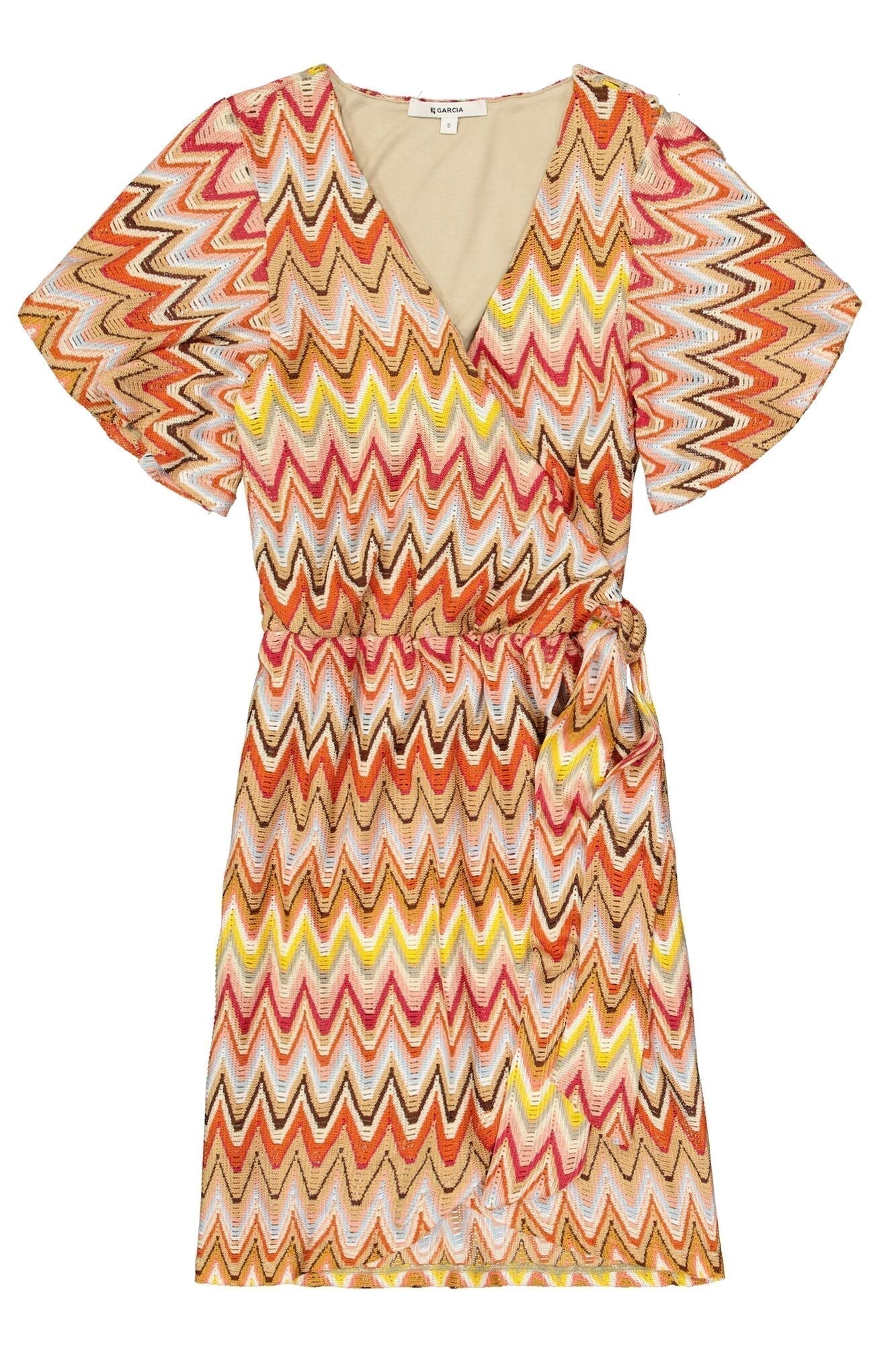 Garcia (R40285) Short Flounce Sleeve Mini Wrap Dress in Multi-colour Zigzag Print