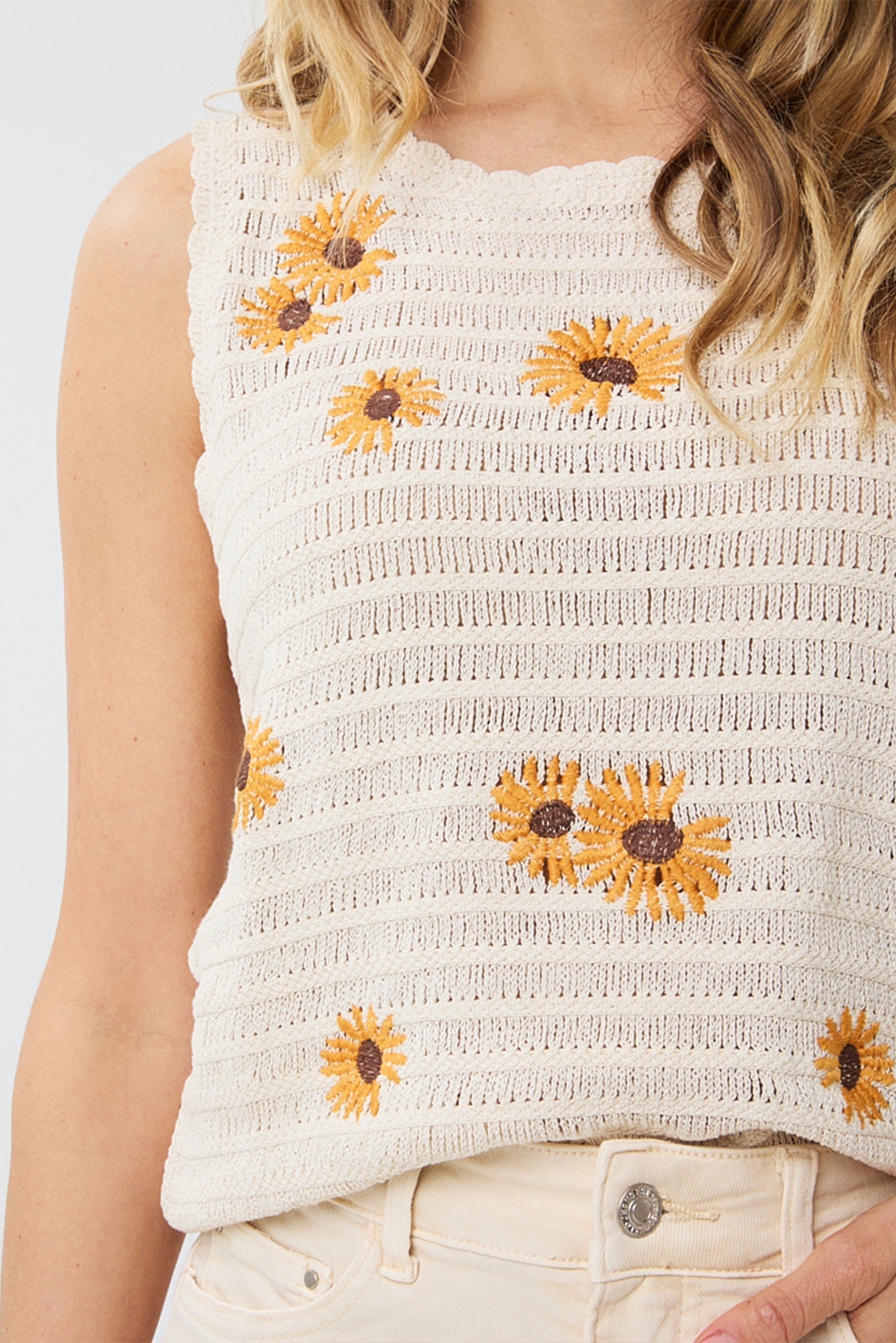 Esqualo Canada (HS2402201) Women's Sleeveless Daisy Embroider Knit Tank Top in a Natural /beige open knit cotton with yellow flowers