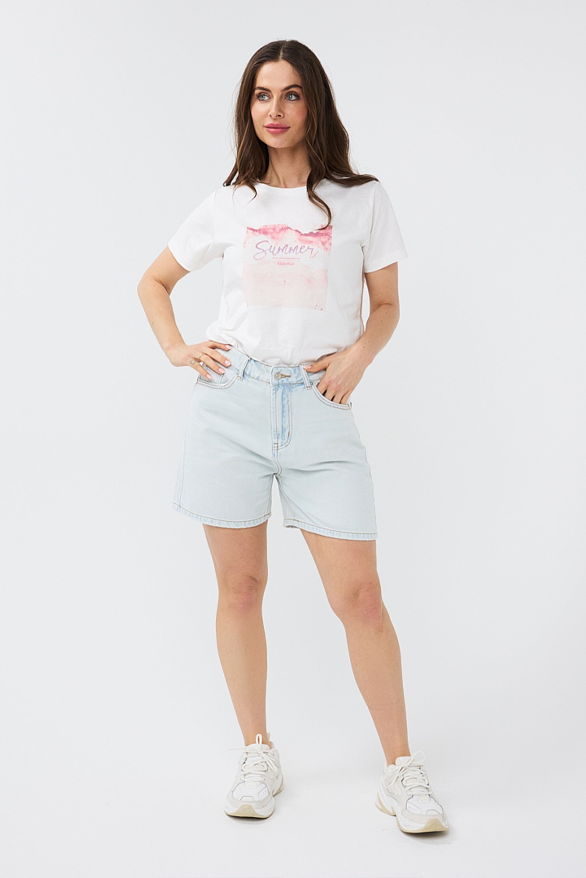 Front view of Women's Short Sleeve EsQualo Graphic T-Shirt (HS2405204) - Monochromatic beach scene with rhinestone cursive 