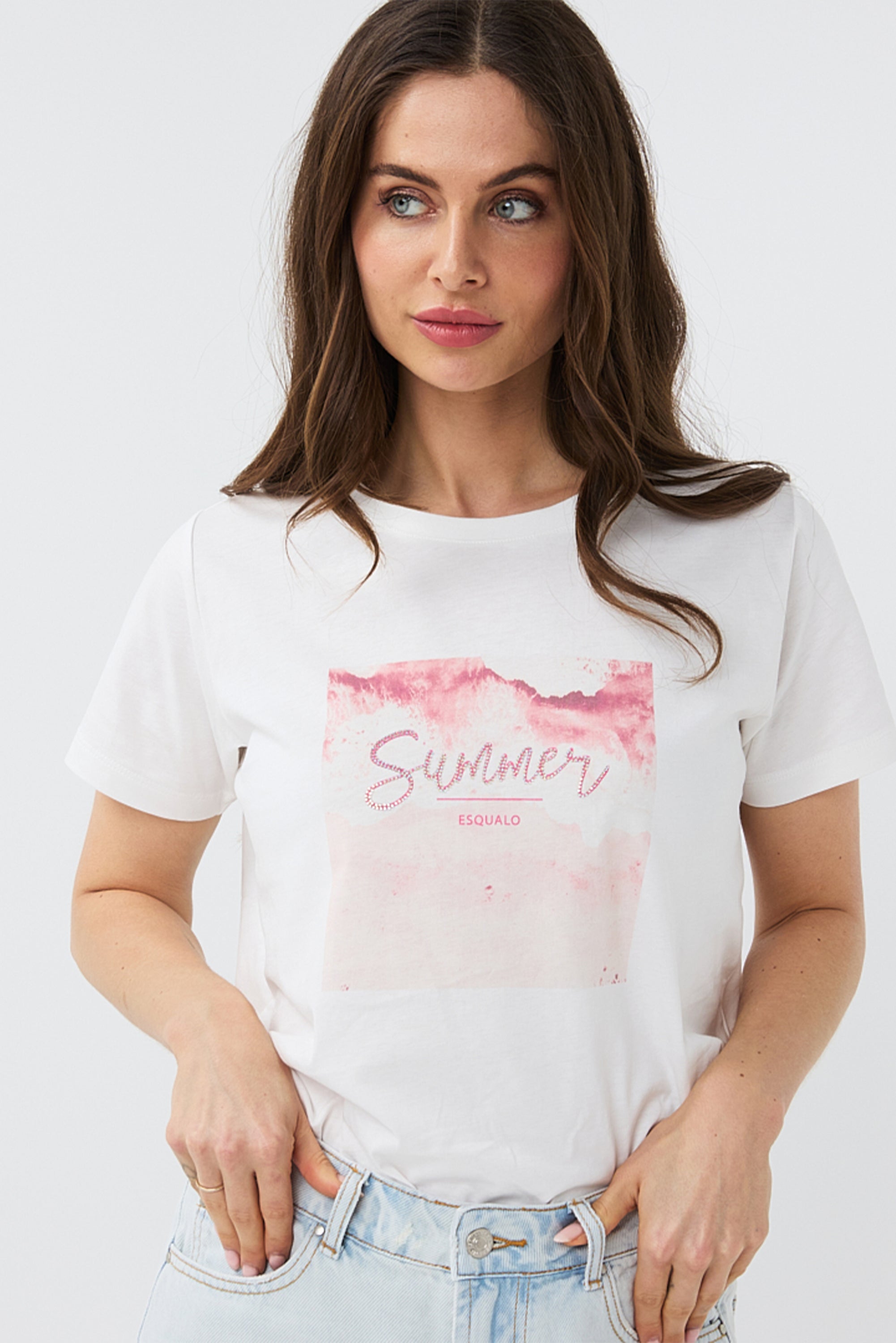 Women's Short Sleeve EsQualo Graphic T-Shirt (HS2405204) - Monochromatic beach scene with rhinestone cursive 