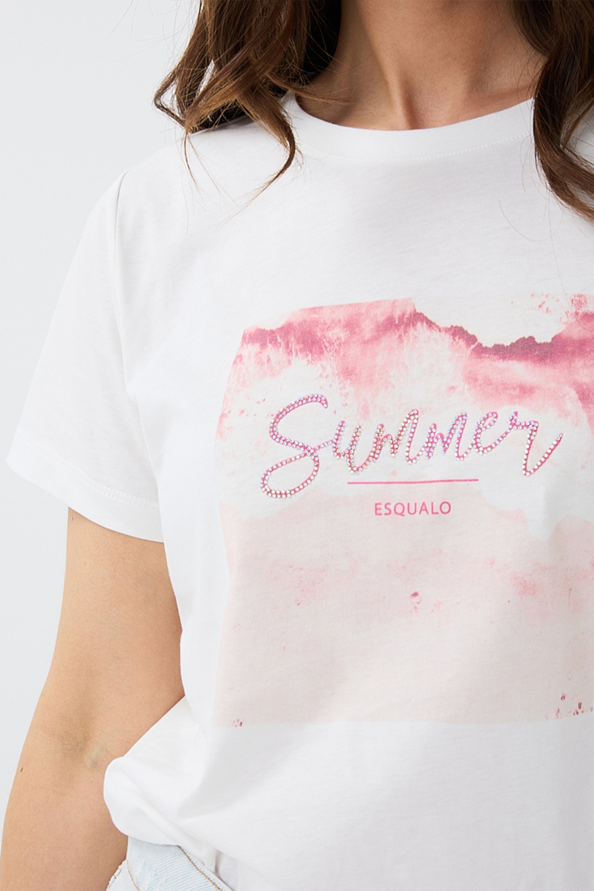Front close up of Women's Short Sleeve EsQualo Graphic T-Shirt (HS2405204) - Monochromatic beach scene with rhinestone cursive 