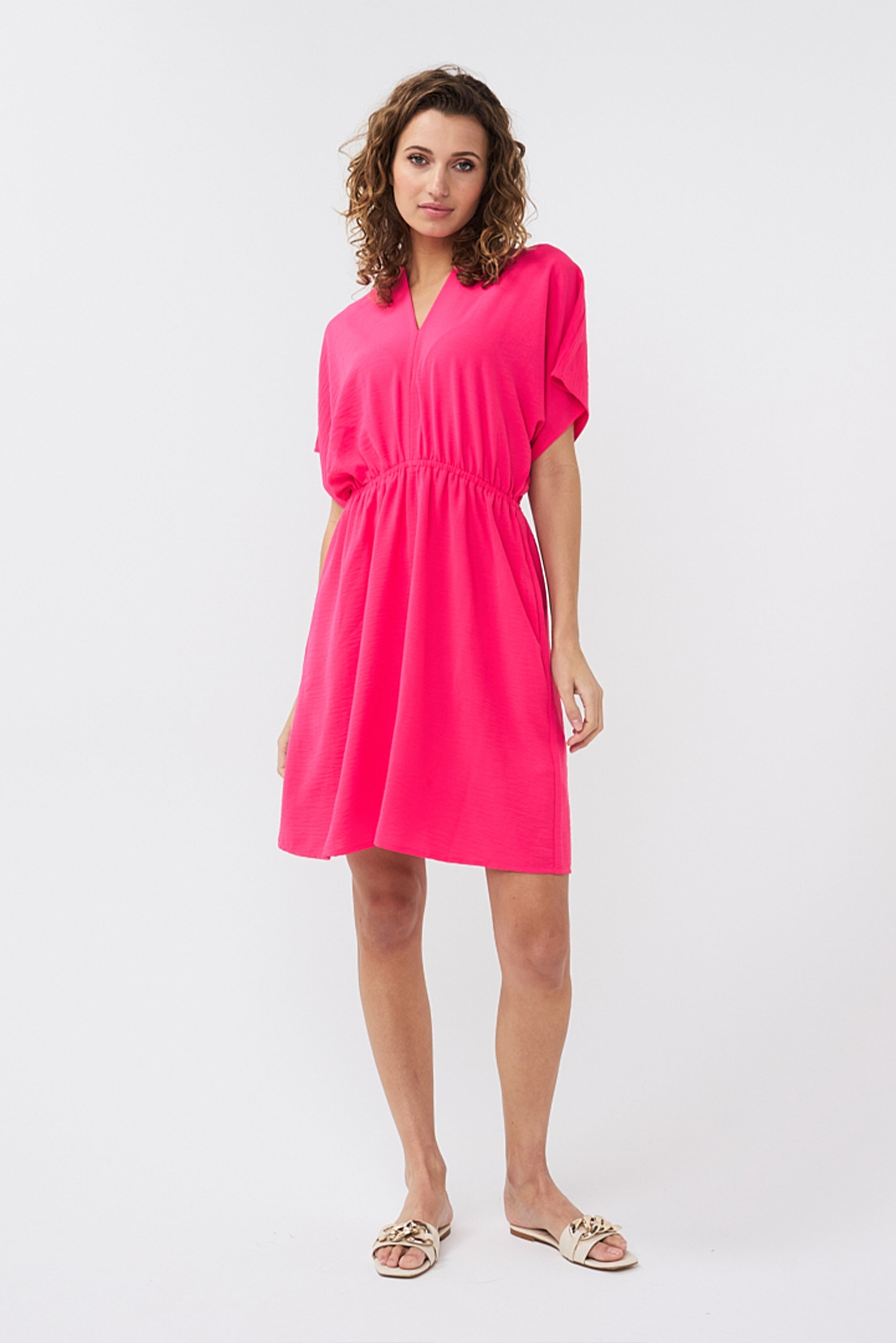 Front view of Esqualo (HS2410216) Women's Short Dolman Sleeve Mini Dress in a Magenta Pink Crinkle Textured Fabric