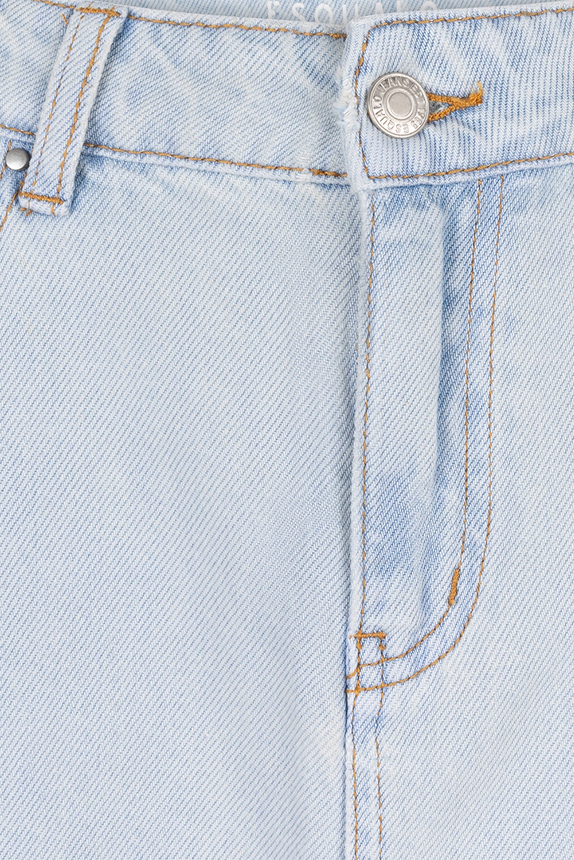 Button fly close up on Esqualo (HS2412210 Women's 5-Pocket Denim Midi Skirt in Light Blue Wash