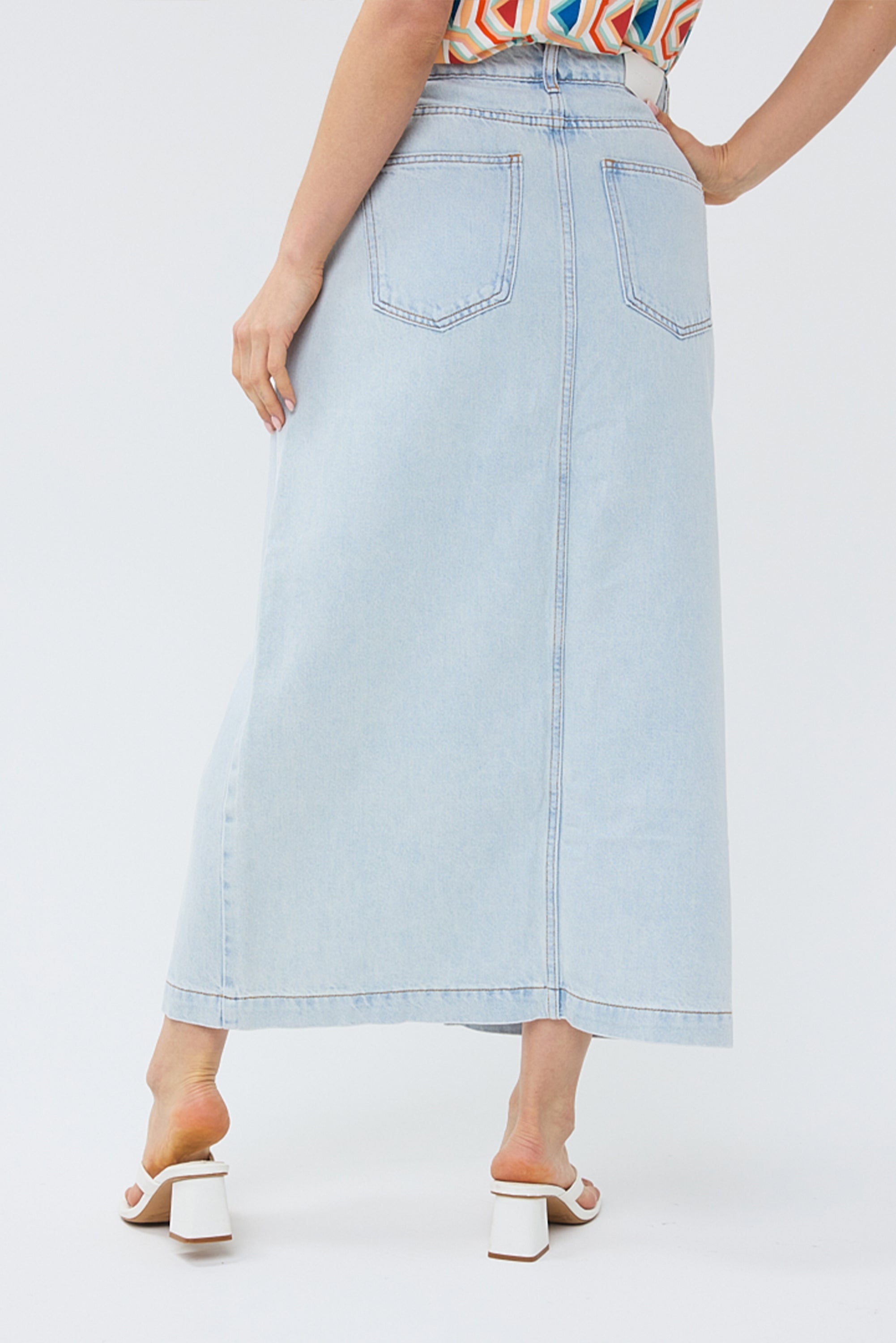 Back view of Esqualo (HS2412210 Women's 5-Pocket Denim Midi Skirt in Light Blue Wash