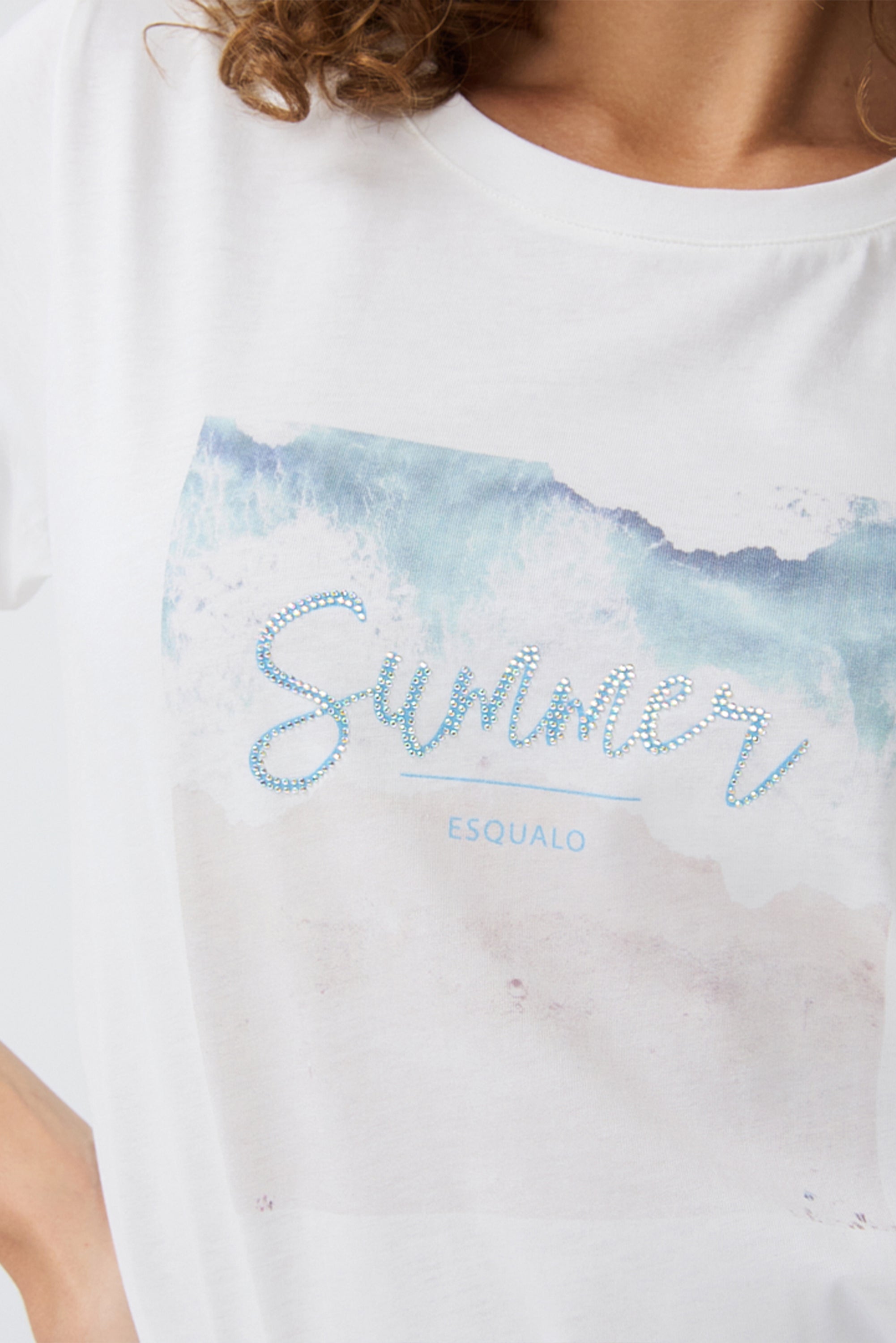Women's Short Sleeve EsQualo Graphic T-Shirt (HS2405204) - Monochromatic beach scene with rhinestone cursive 