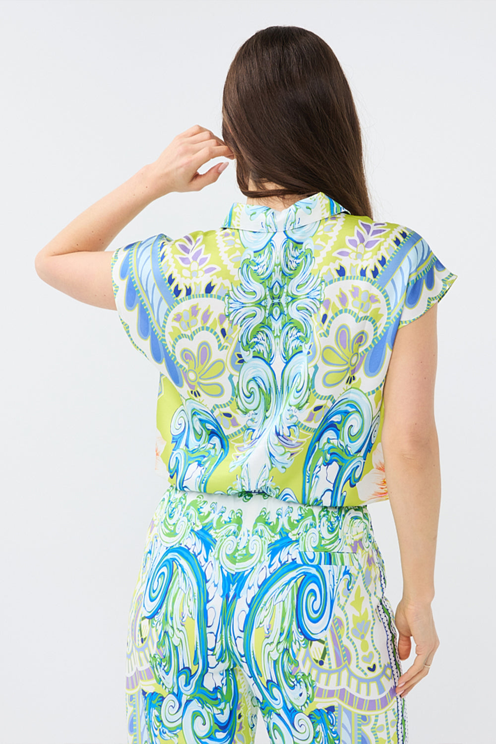 Back view of Esqulao (HS2415208) Women's Short Cap Sleeve Button Up Satin Blouse With Shirt Collar in Blue Paisley Print