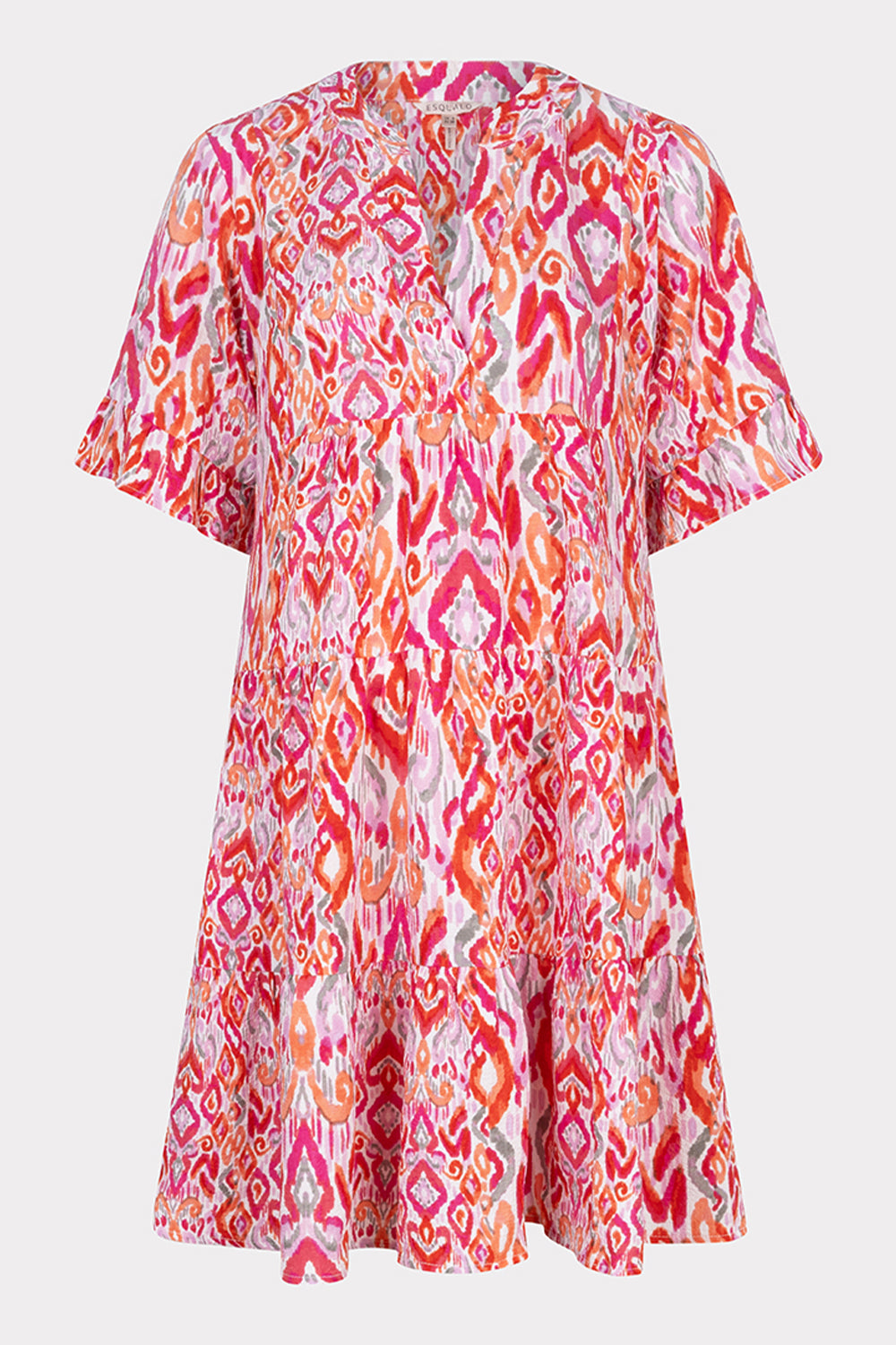 EsQualo (HS2415214) Short Sleeve Pink Ikat Printed Seersucker Dress with tiered mini skirt, split v-neck and a relaxed fit 