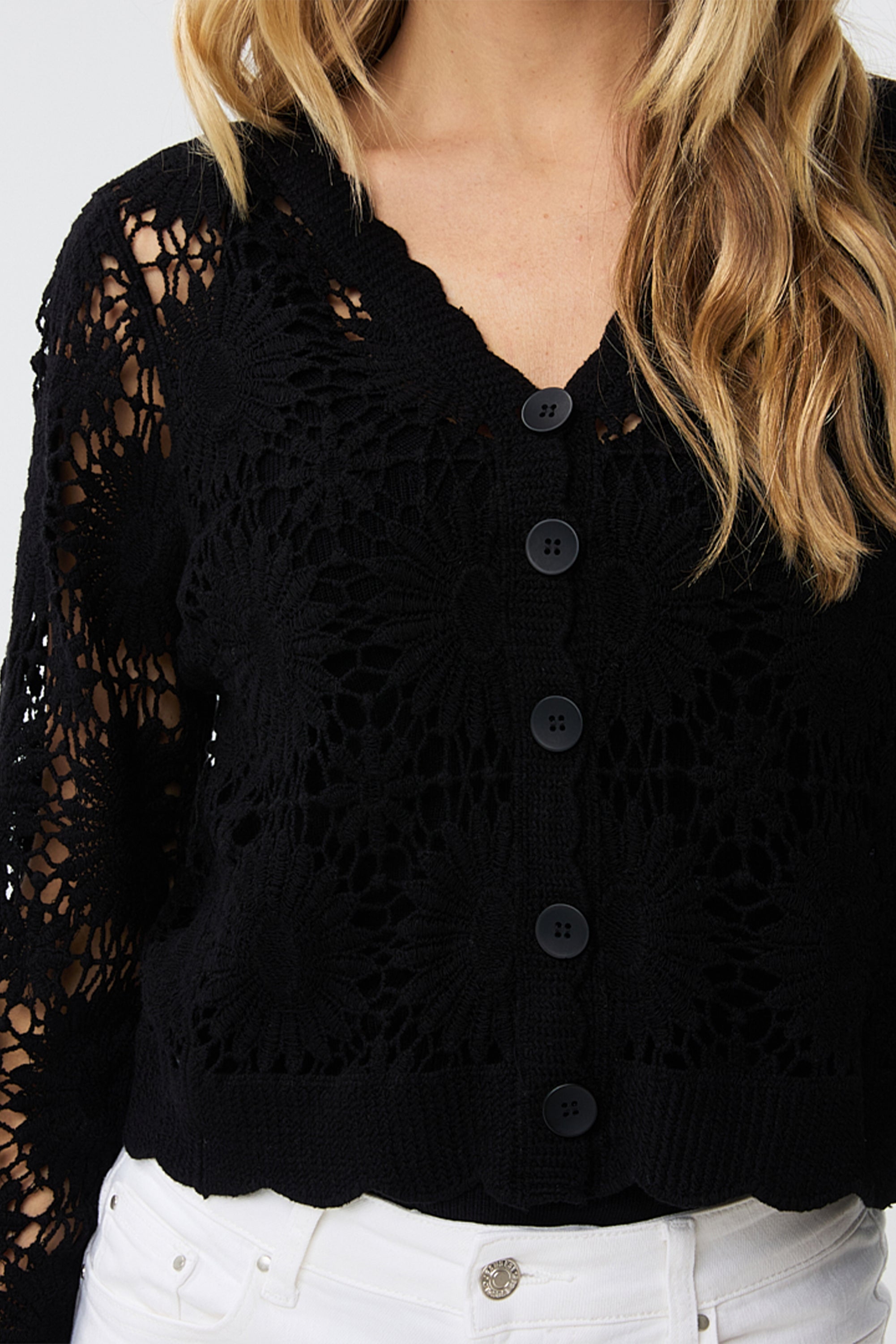 Close up front view of EsQualo (HS2418204) Women's Long Sleeve Sunflower Crochet Cardigan in Black