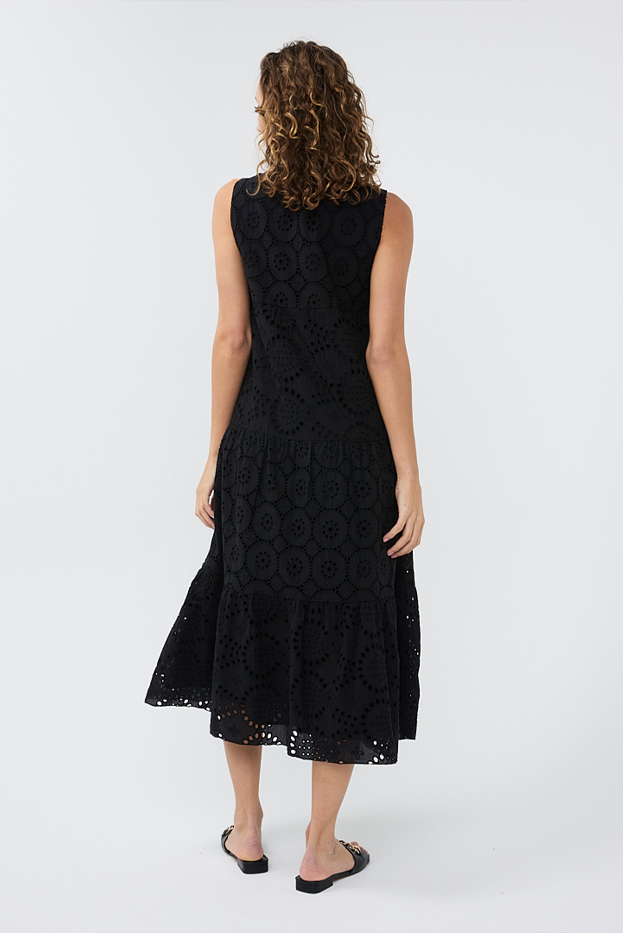 Back view of Esqualo (HS2428200) Women's Sleeveless Cotton Midi Dress in Black Eyelet Lace