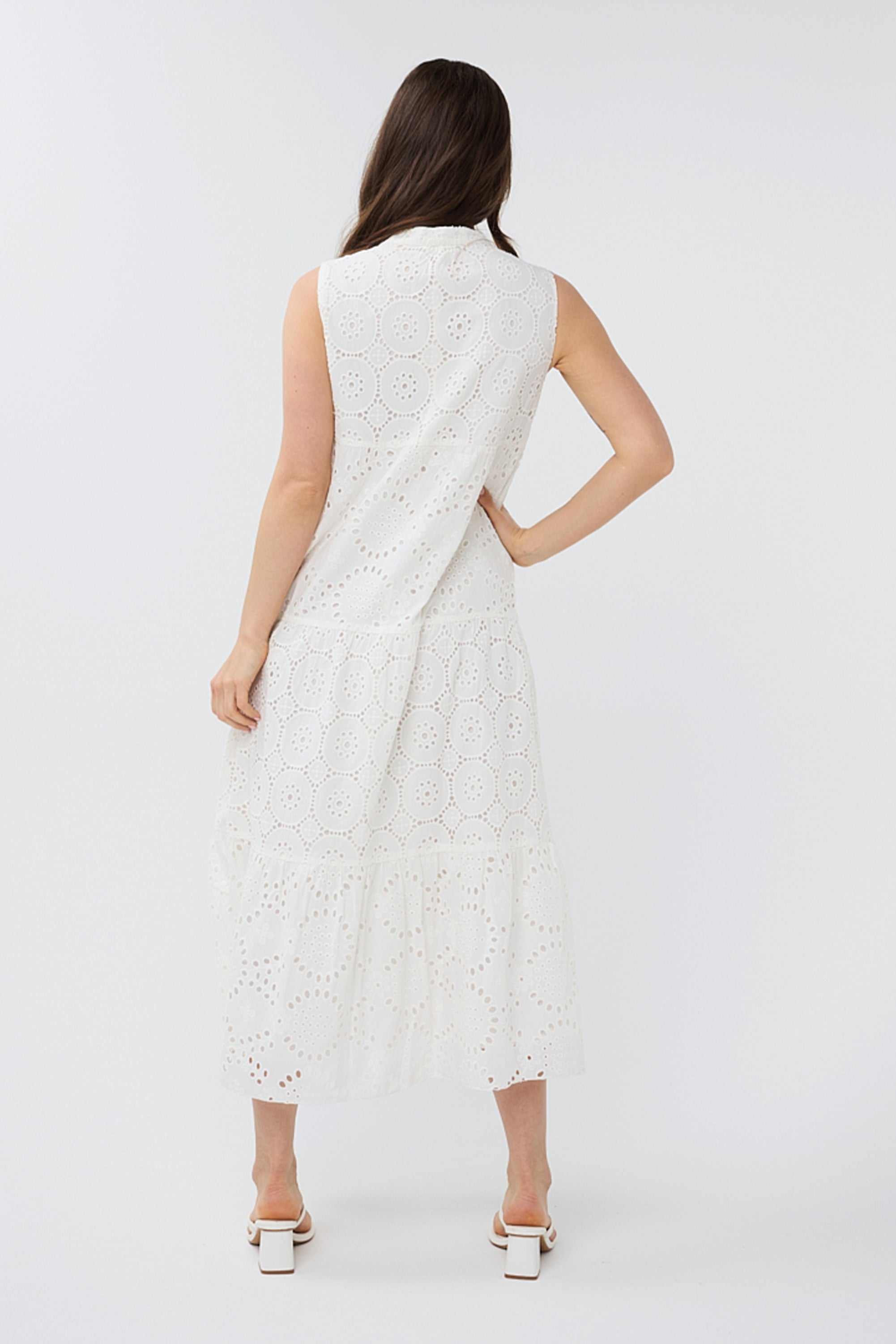 Back view of Esqualo (HS2428200) Women's Sleeveless Cotton Midi Dress in White Eyelet Lace