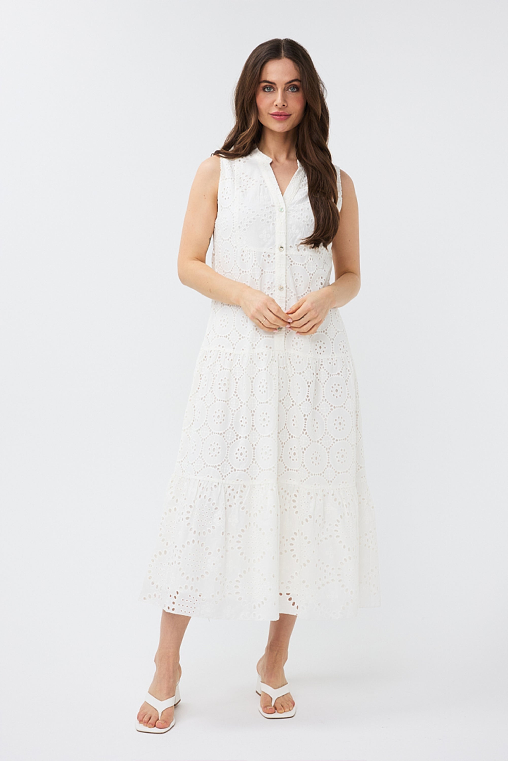 Front view of Esqualo (HS2428200) Women's Sleeveless Cotton Midi Dress in White Eyelet Lace