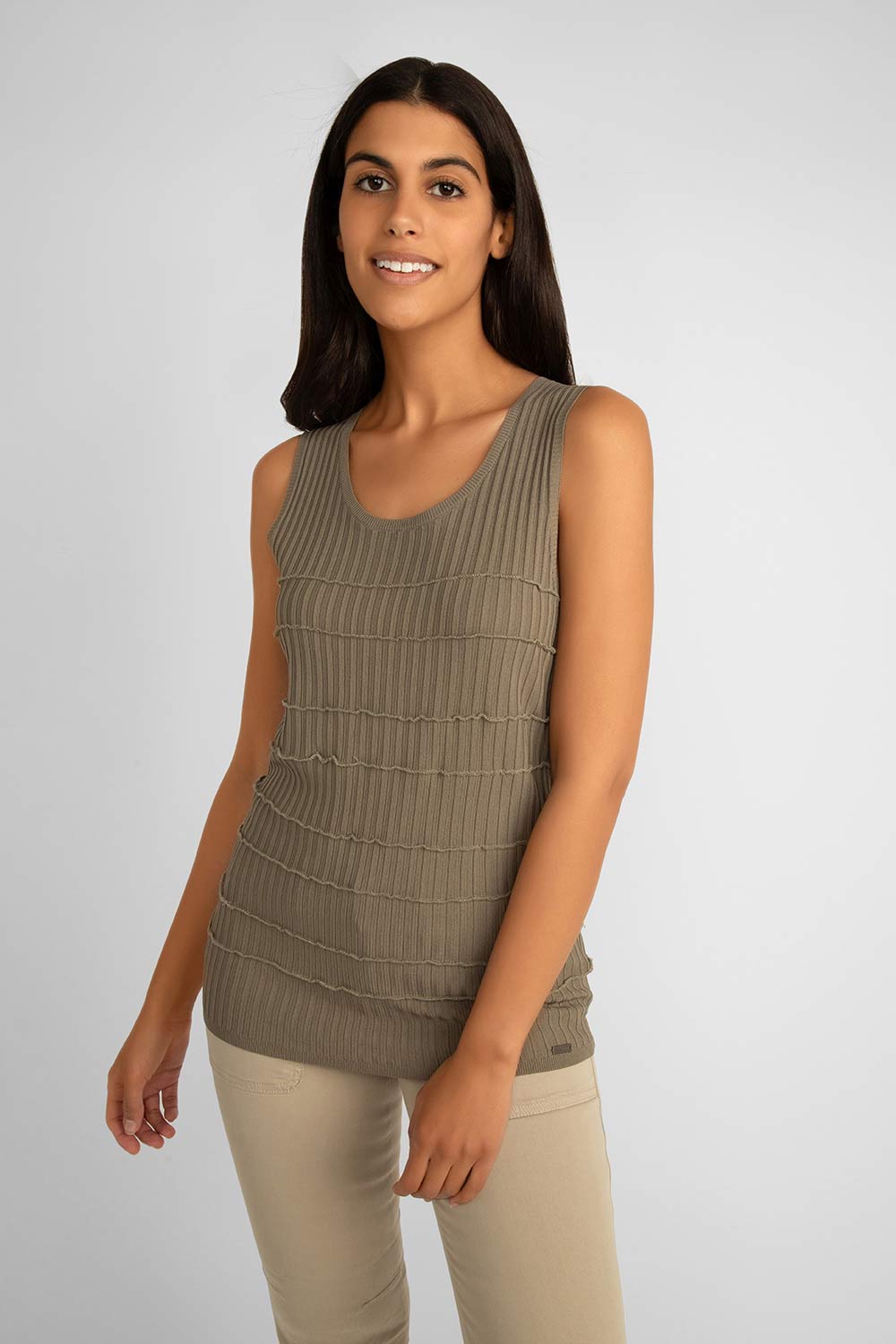 Front view of Picadilly (JK341) Women's Sleeveles Scoop Neck Sweater Knit Top With Lettuce Edging Stripes in artichoke green