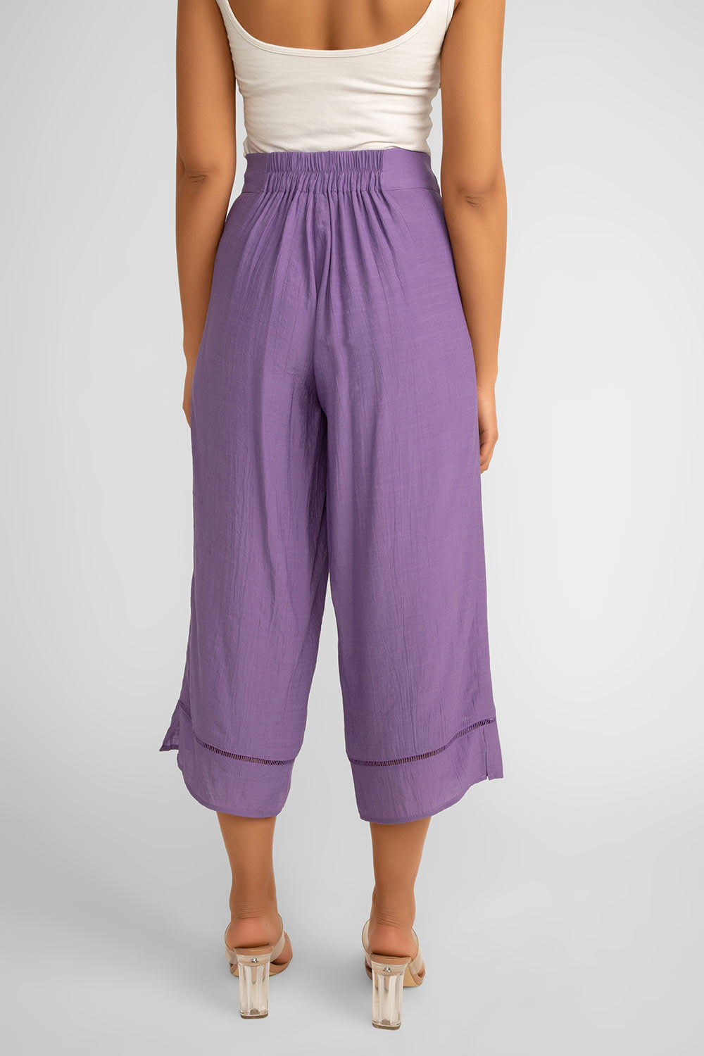 Back view of Picadilly (JM019) Women's Pull on Wide Leg Cropped Pants With Ladder Lace Detail and Slanted hem in LAVENDER