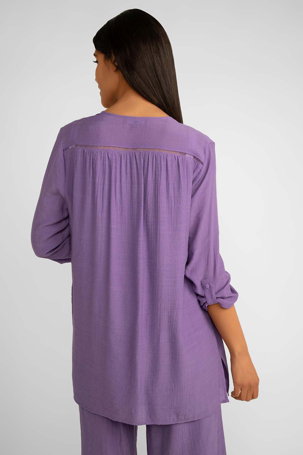 Back view of Picadilly (JM558) Women's 3/4 Sleeve Open Front Woven Jacket with Ladder Lace Detail in LAVENDER